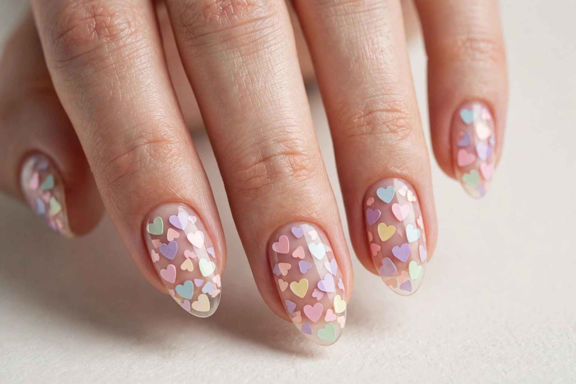 Pastel heart confetti kiddie nail design