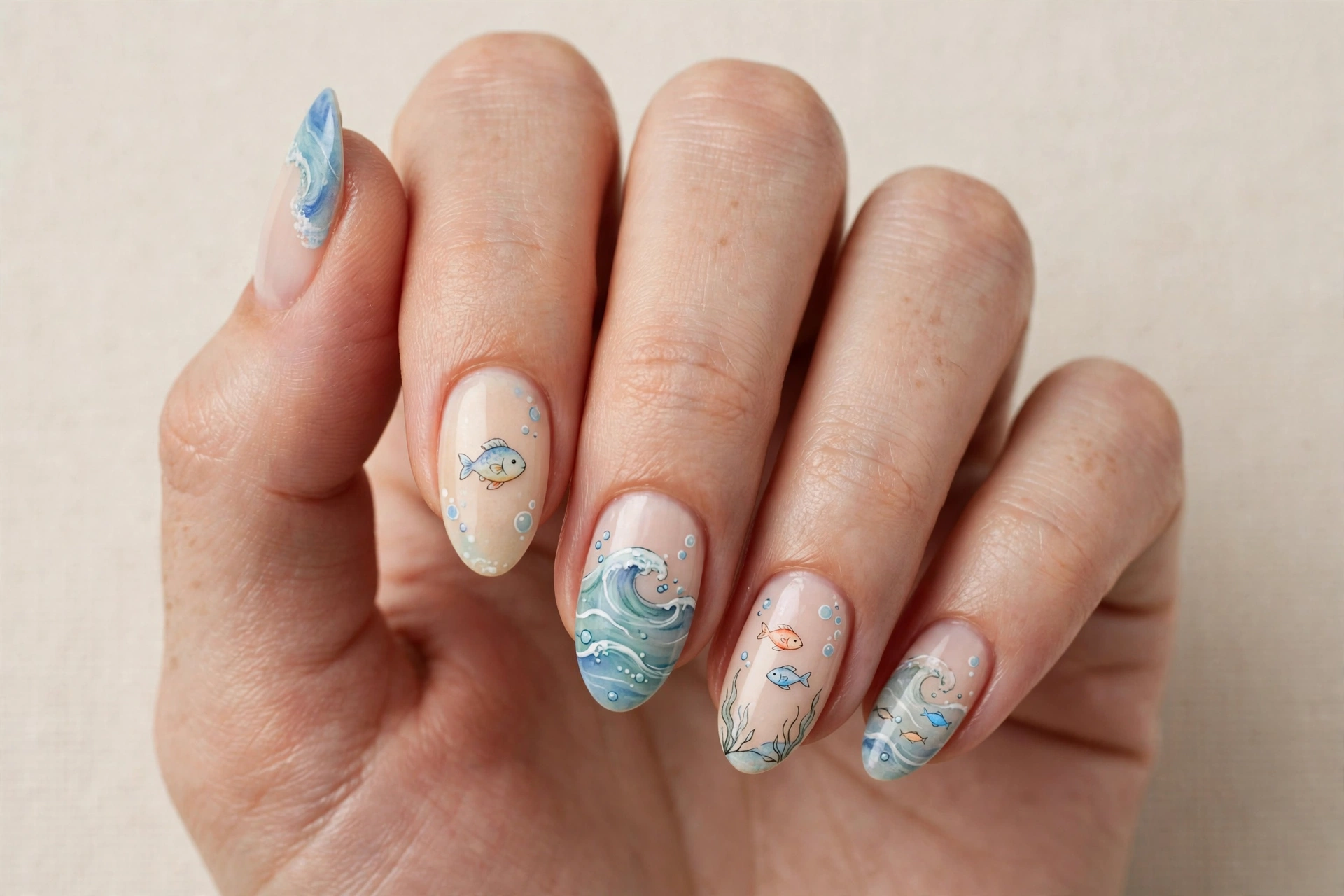 Ocean wave and fish kiddie nail design