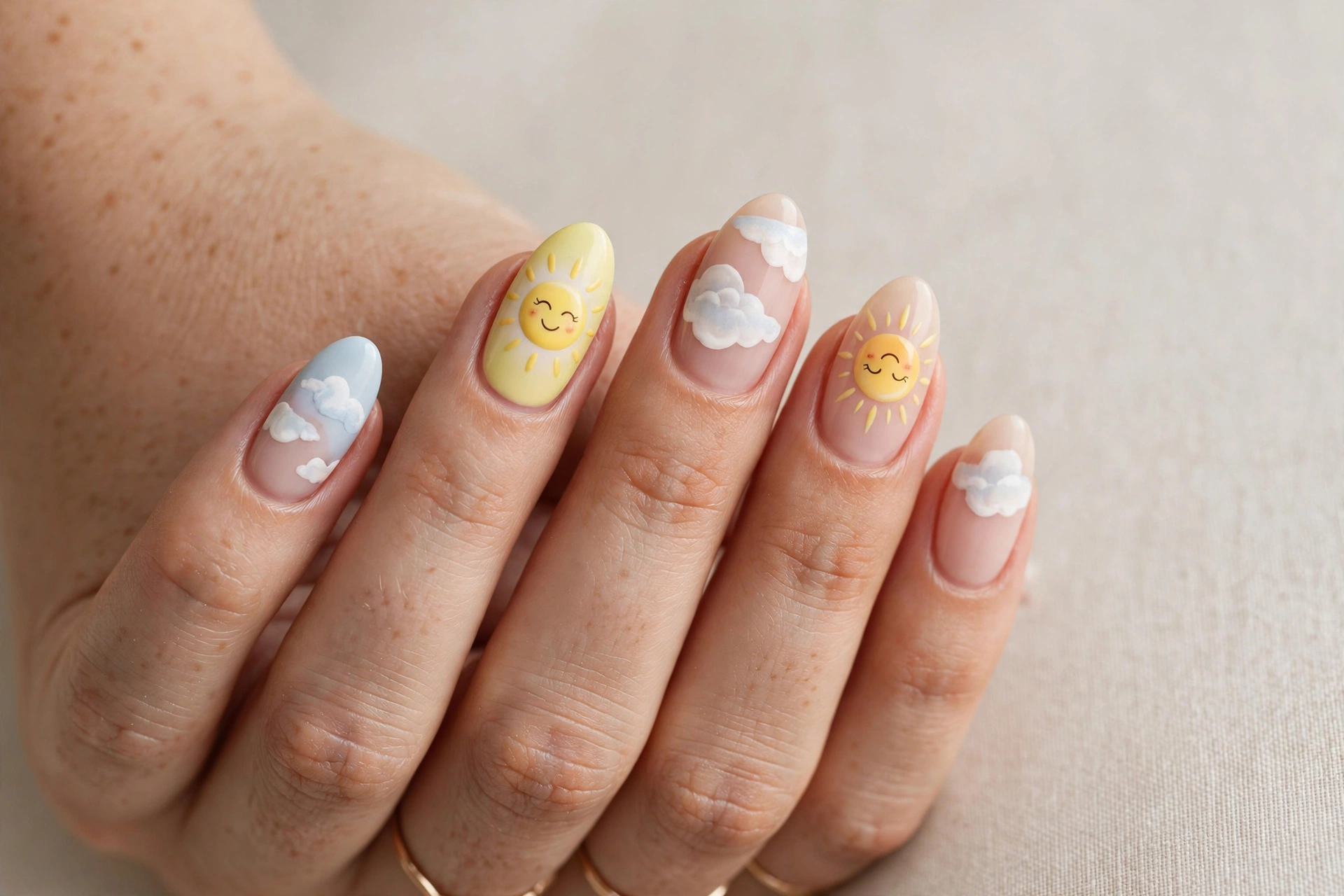 Cloud and sun kiddie nail design