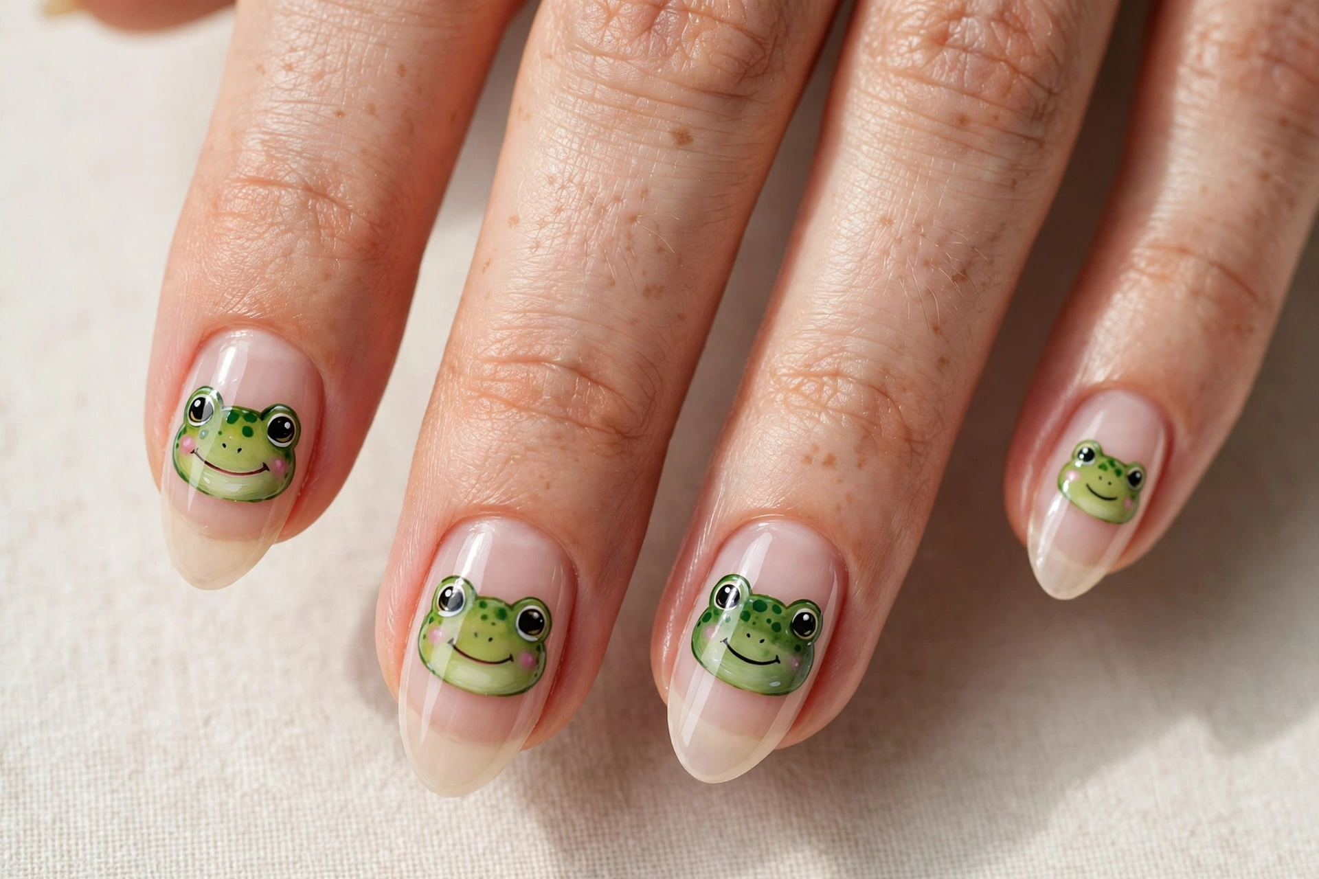 Cute green frog face kiddie nail design