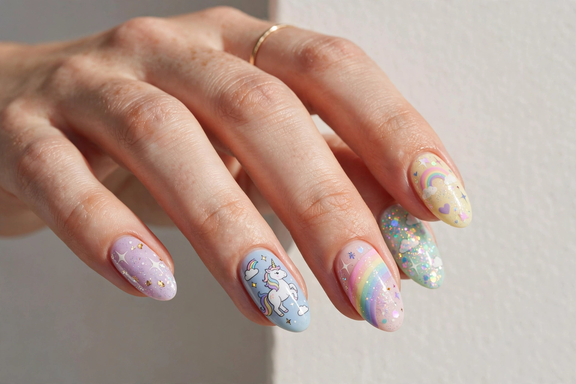 Pastel unicorn rainbow sparkle kiddie nail design