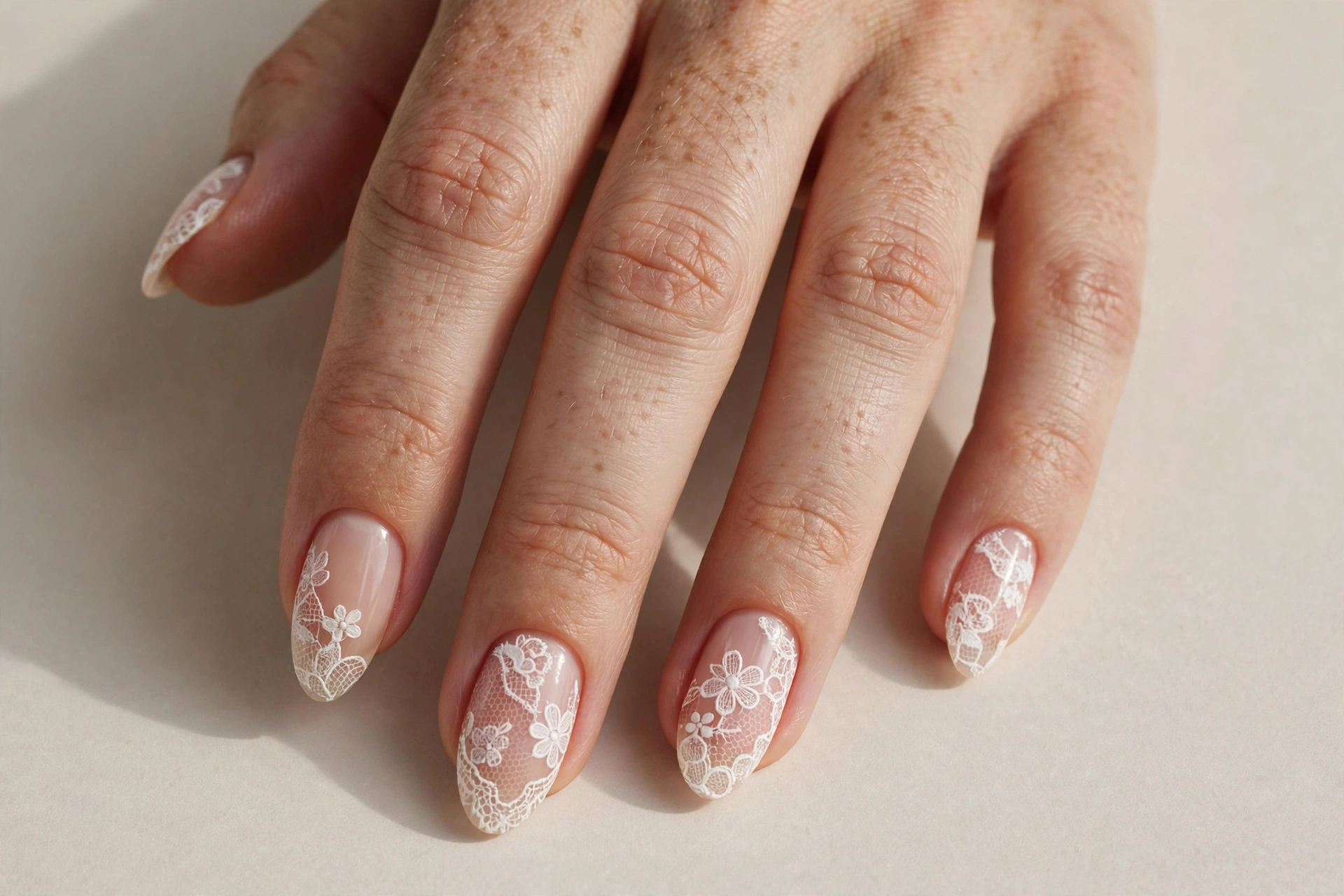 Classic white floral lace nail art over sheer nude polish on almond nails