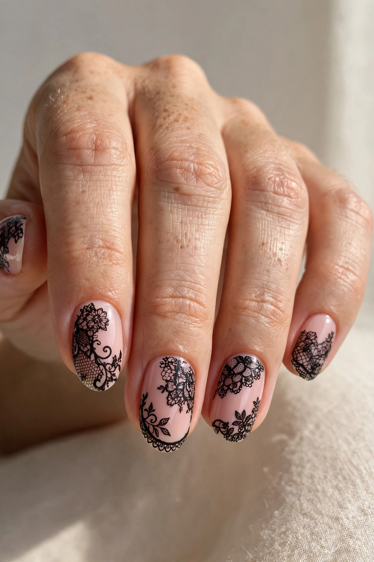 Dramatic black lace motifs over soft blush pink base on oval nails