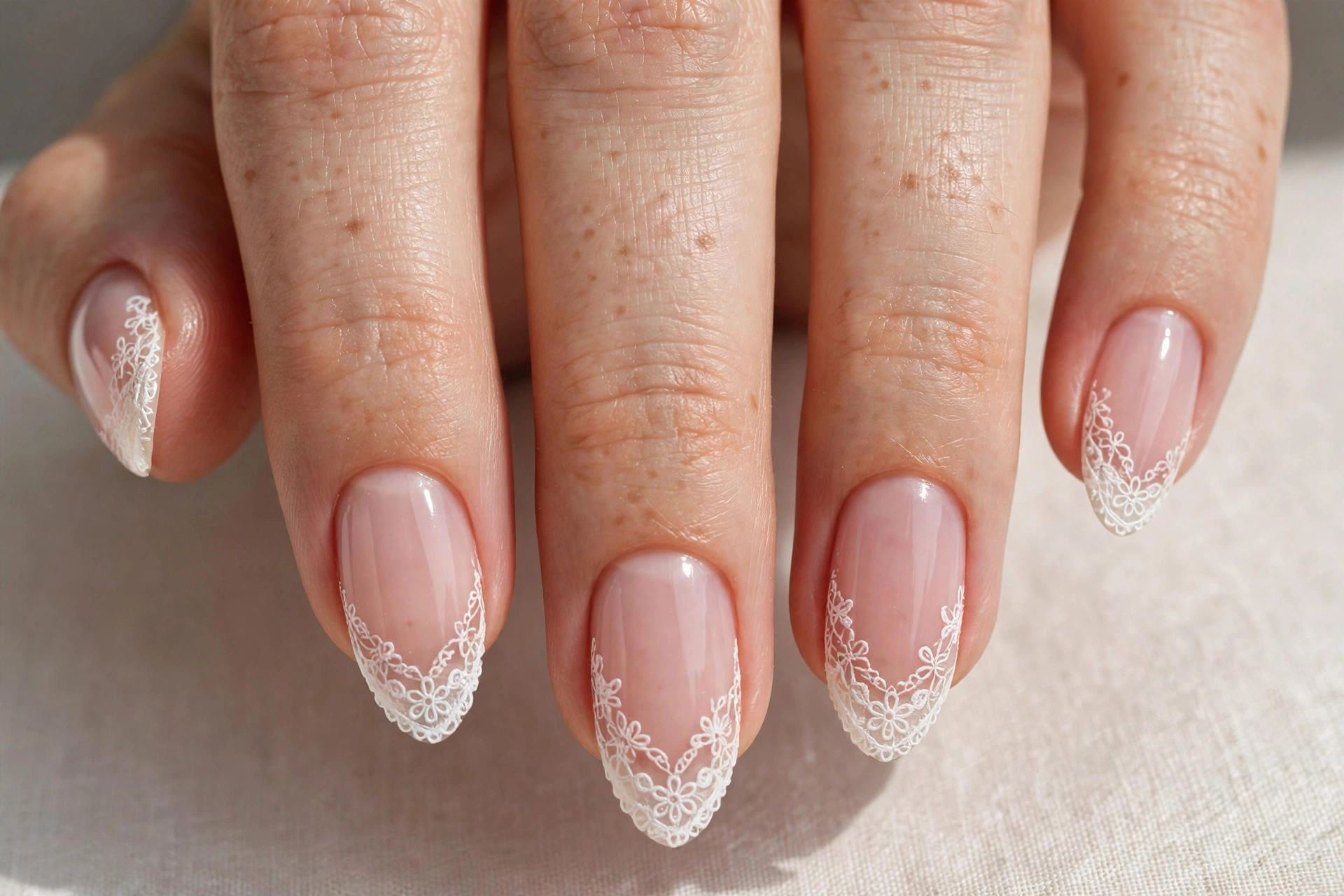 White French tip nails edged with delicate lace border on almond nails