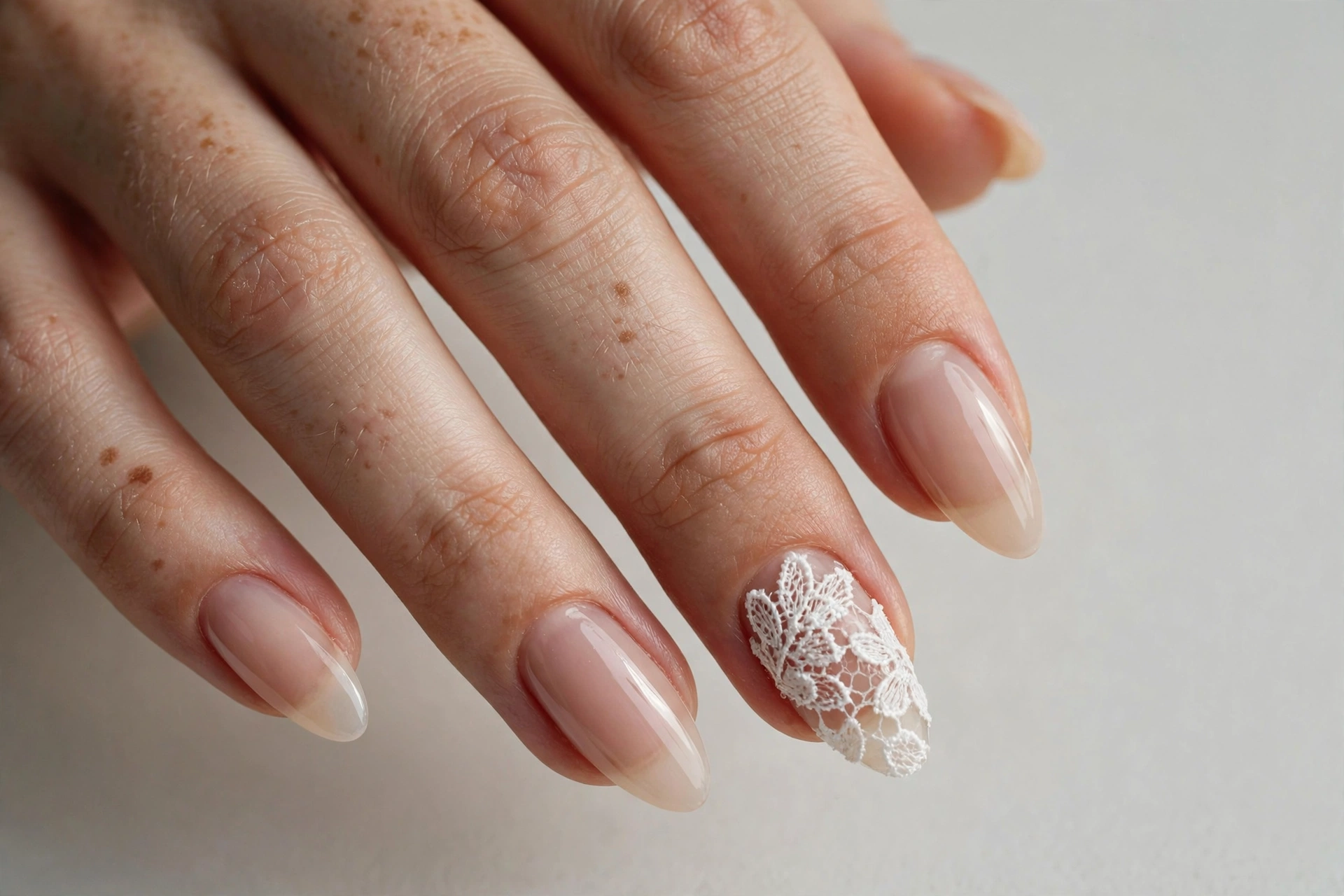 Sheer nude nails with one full white lace applique accent nail on ring finger