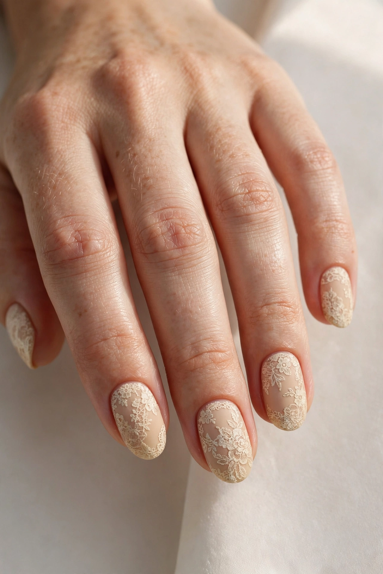 Vintage ivory lace floral pattern over warm nude base on oval nails