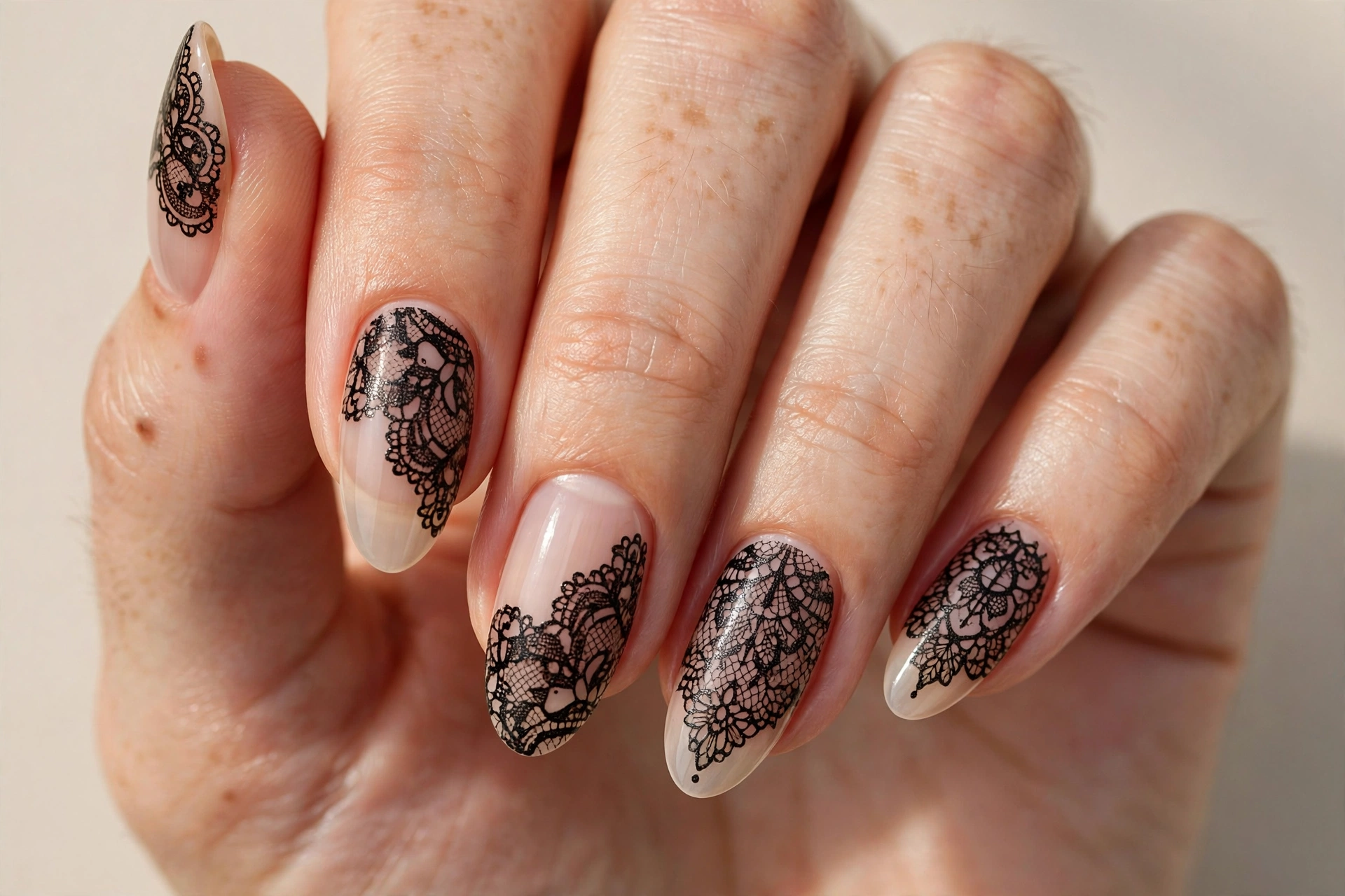 Intricate black lace stamping pattern over sheer nude base on almond nails