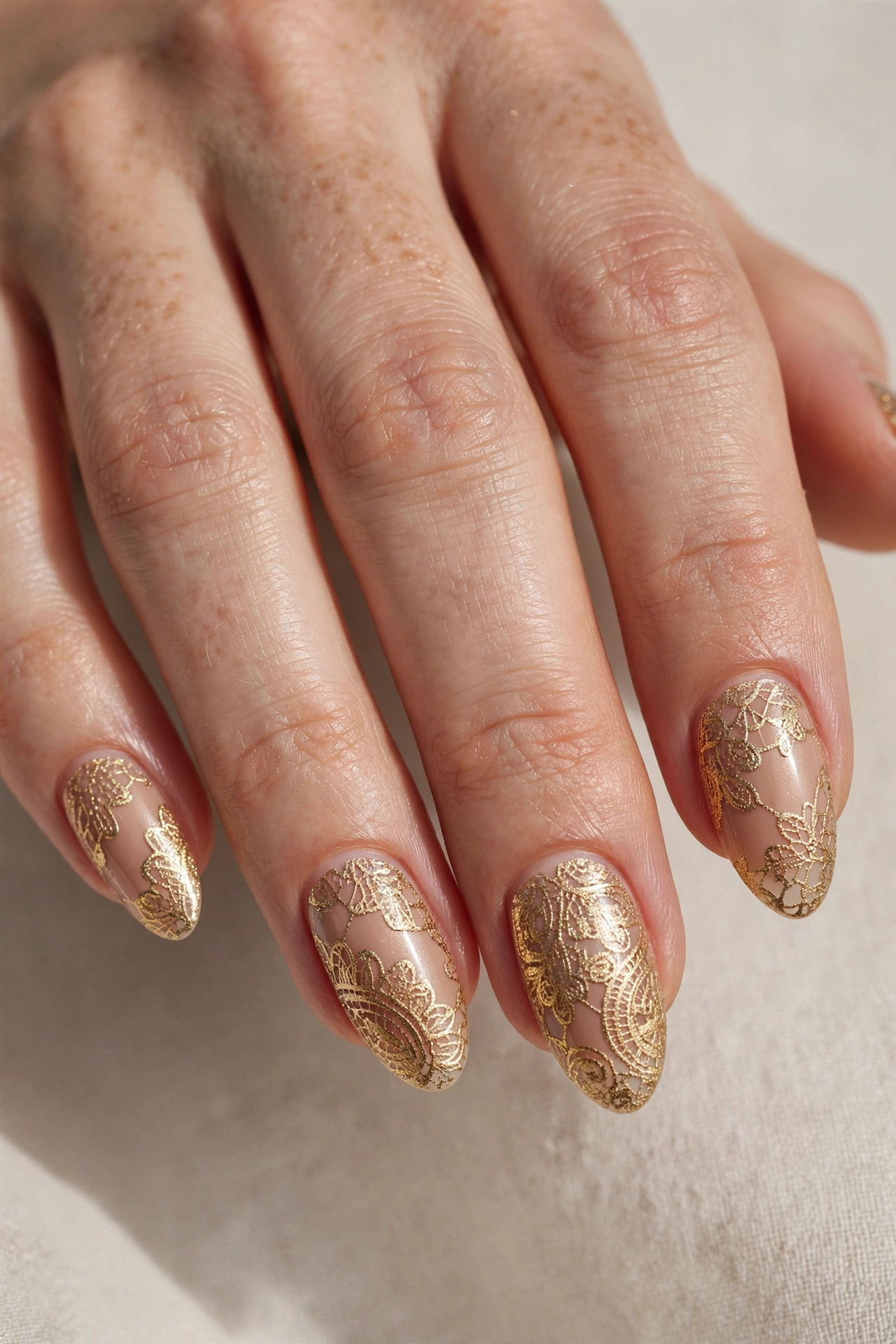 Metallic gold lace filigree pattern over champagne nude base on almond nails