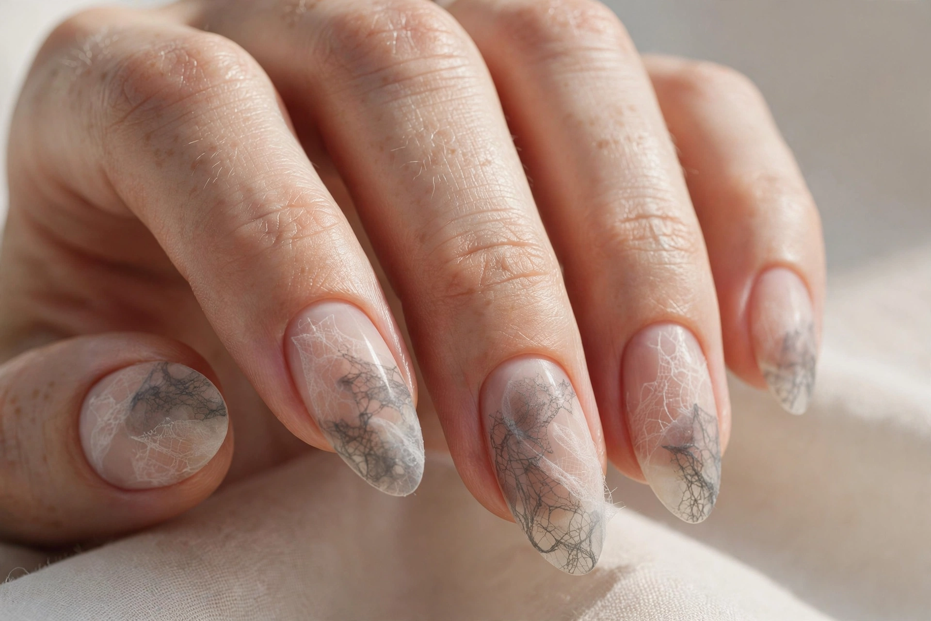 Translucent smoky lace wash fading over nude base on almond nails