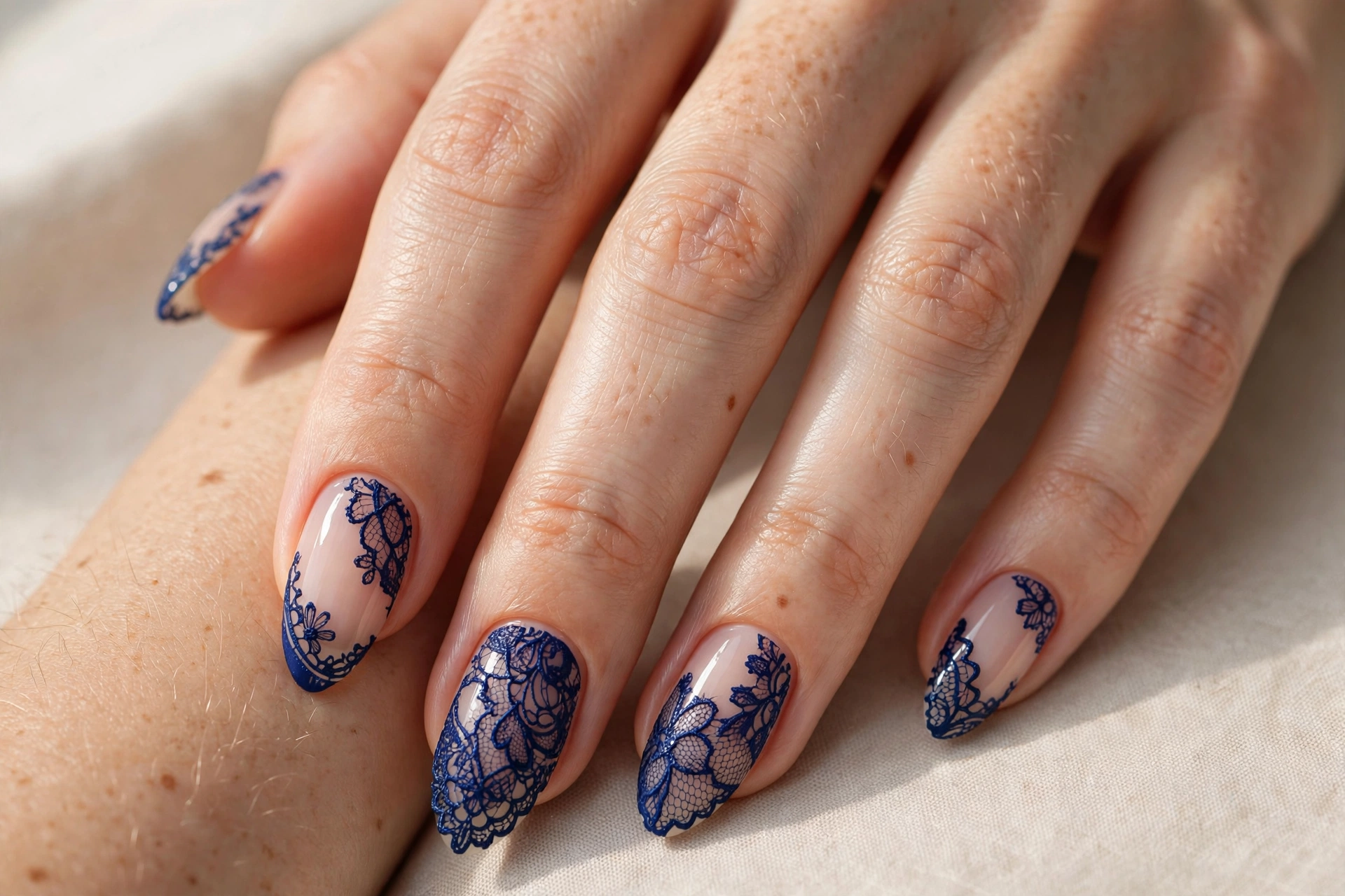 Deep navy blue lace patterns over sheer nude base on almond nails