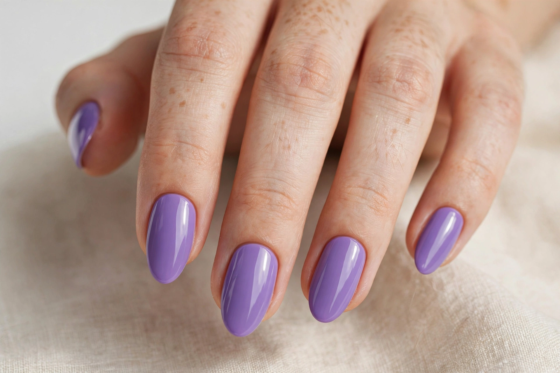 Classic solid lavender purple manicure with glossy finish on almond nails