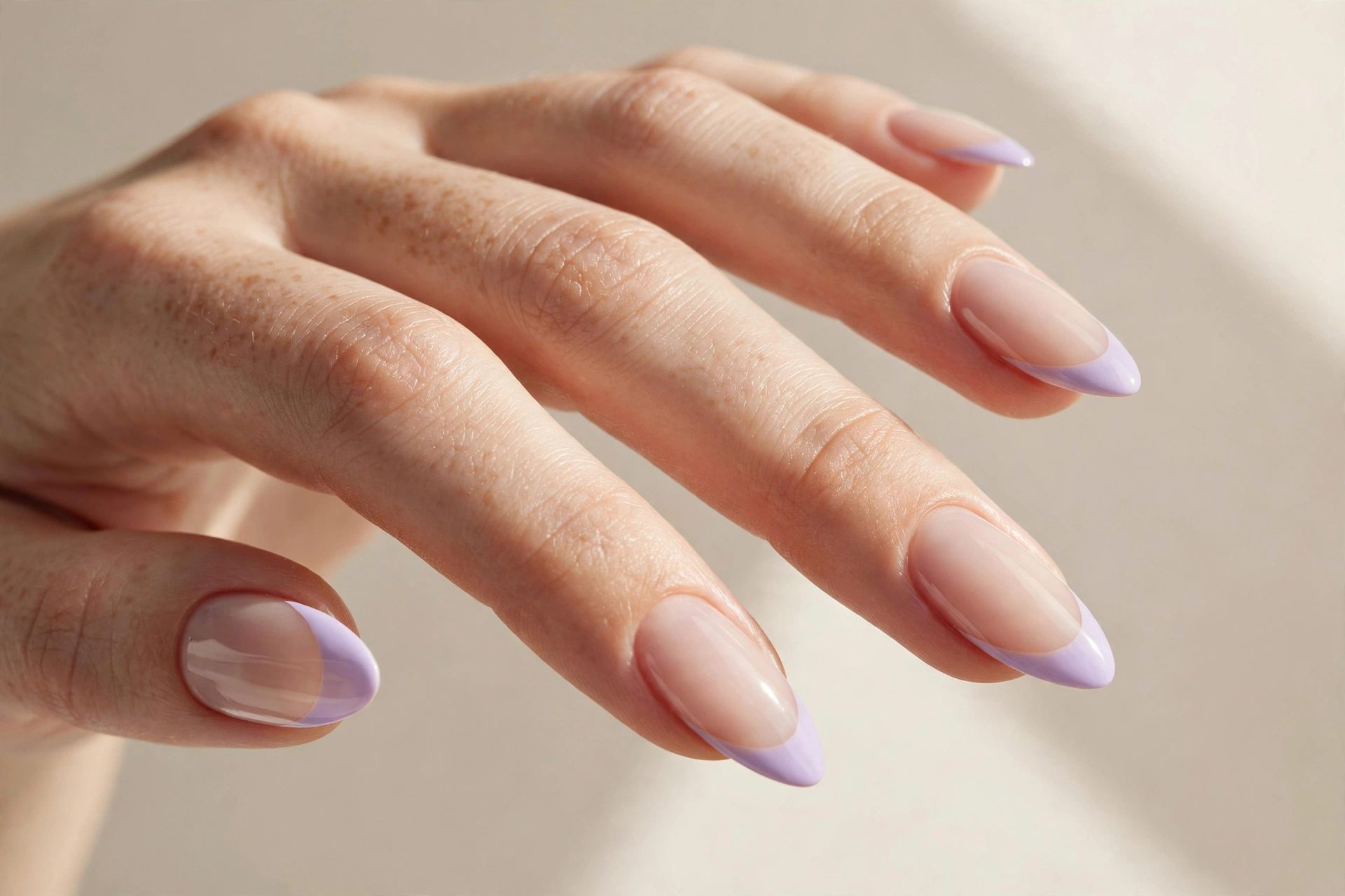 Lavender french tip manicure with soft lilac tips on sheer nude base