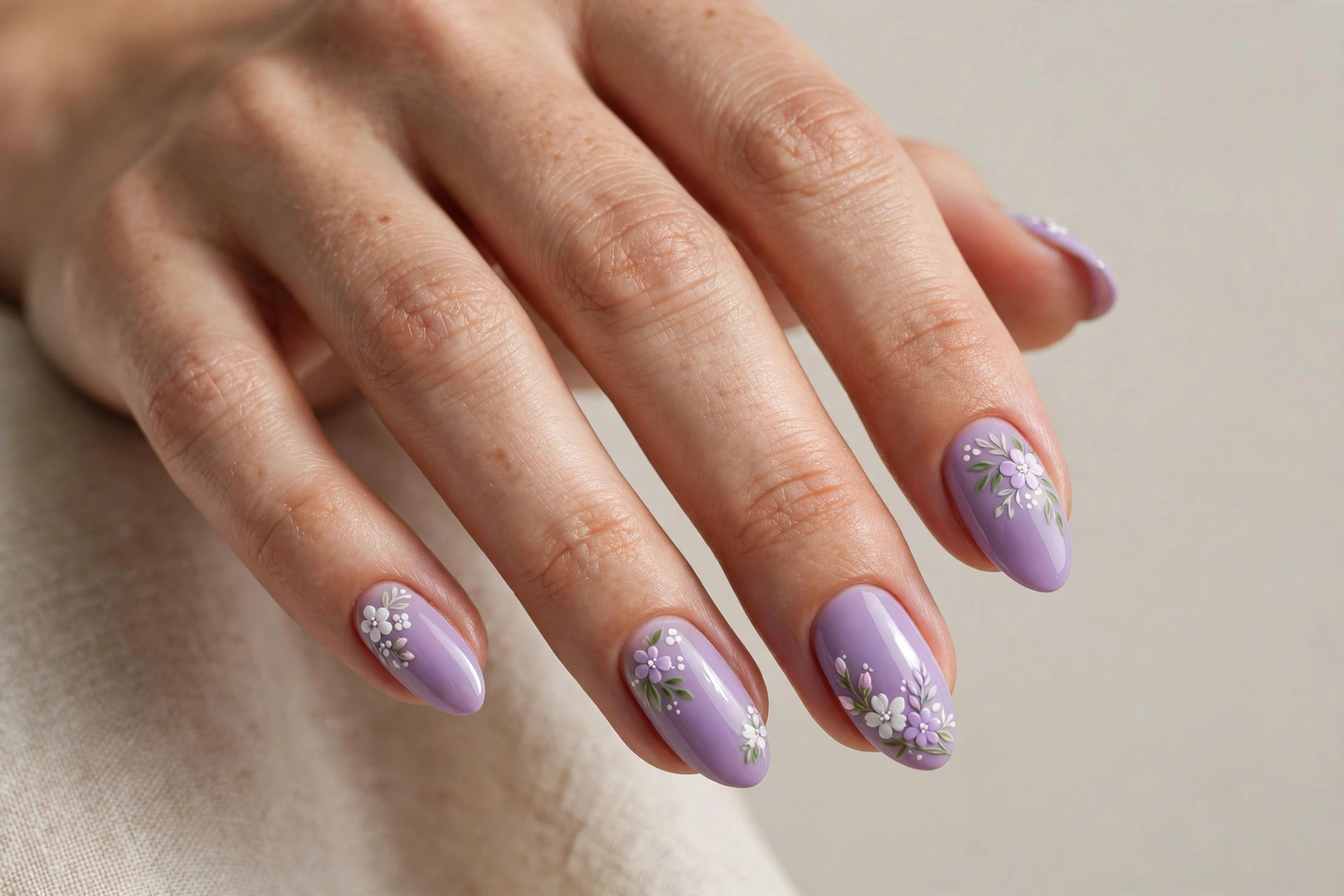 Lavender nails with tiny hand-painted white and lilac floral nail art