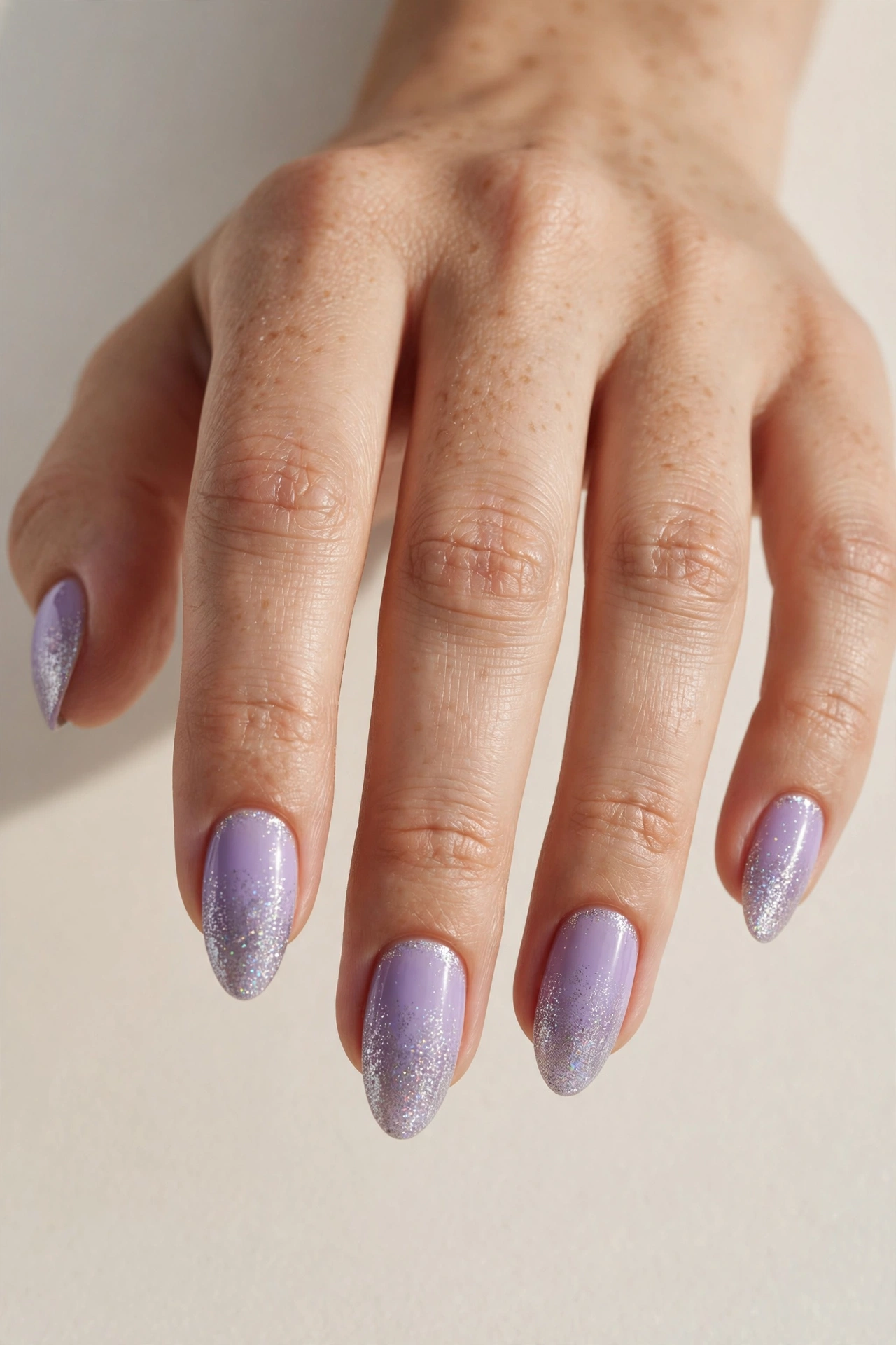 Lavender nails with fine silver glitter gradient fading from the tips