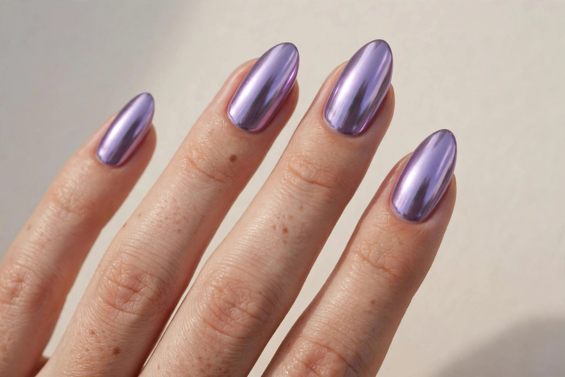 Lavender chrome manicure with mirror-like metallic purple finish