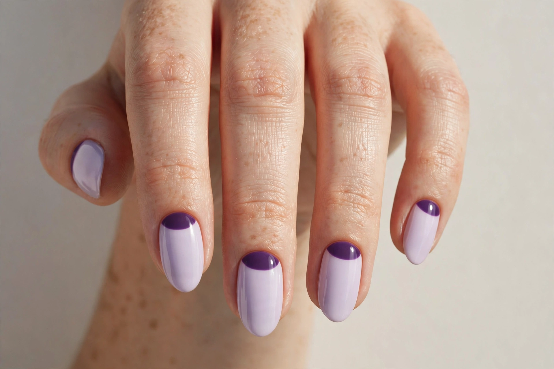 Lavender half-moon manicure with deep purple half moon at the cuticle