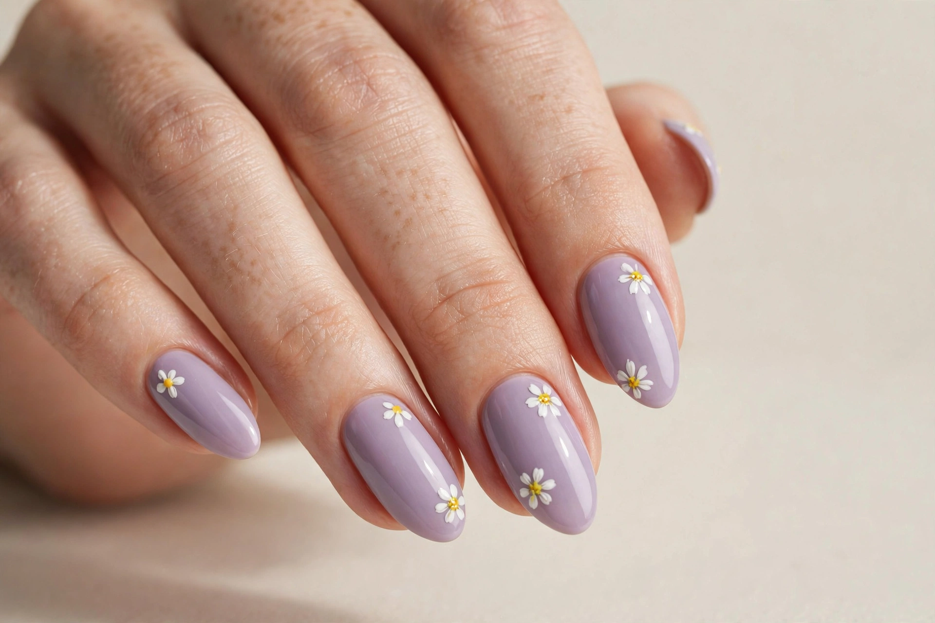 Lavender nails with tiny hand-painted white daisies with yellow centers
