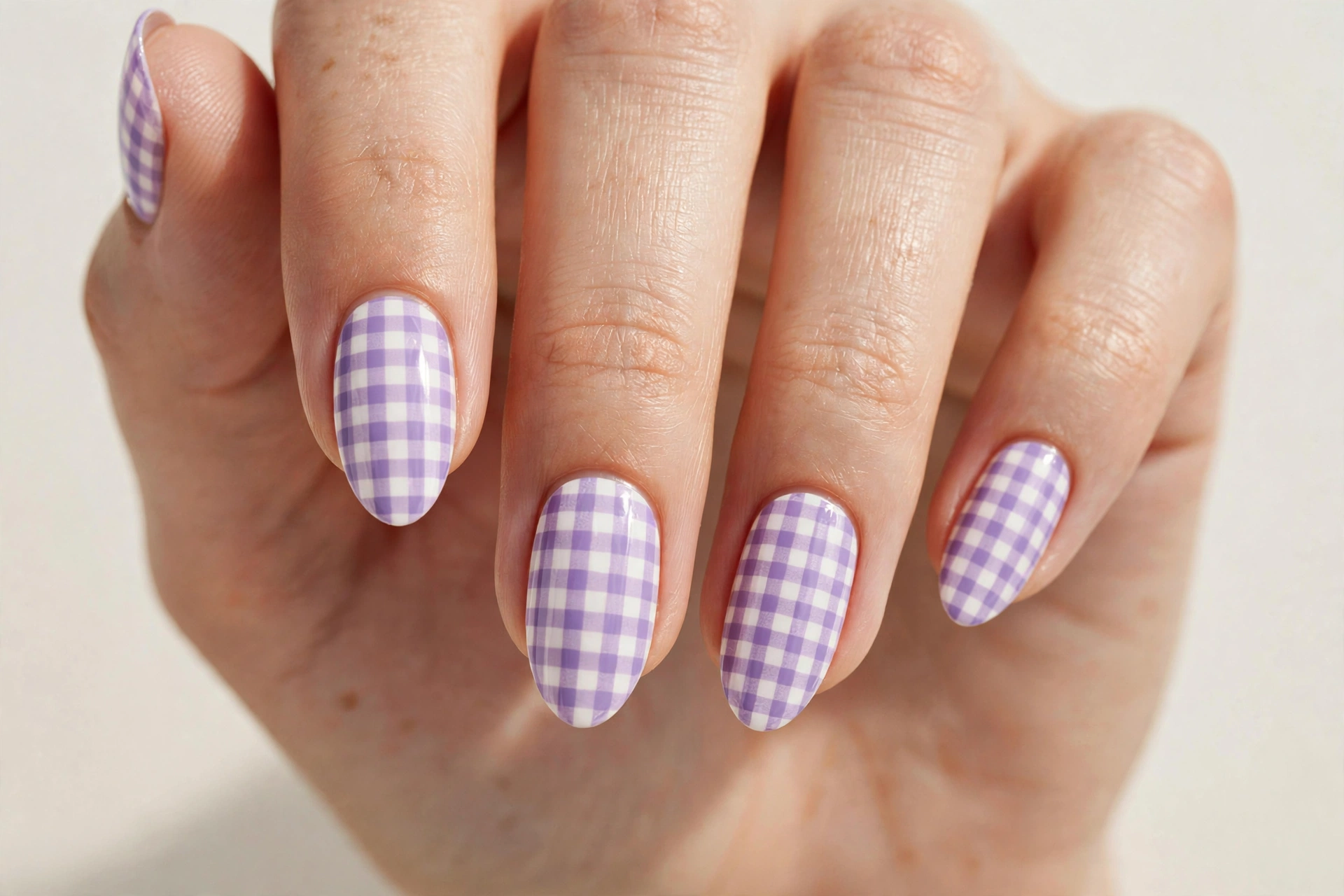 Lavender gingham check plaid pattern nail art in lilac and white