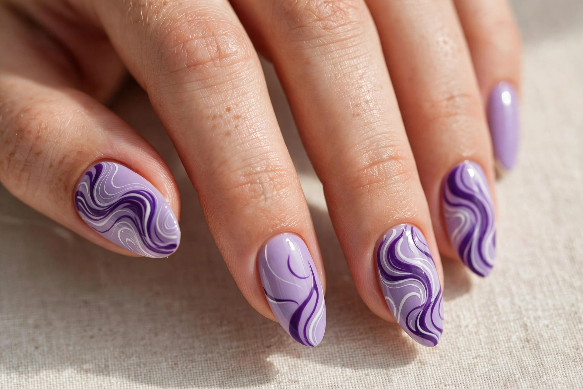 Lavender nails with abstract wavy swirl line art in deep purple and white