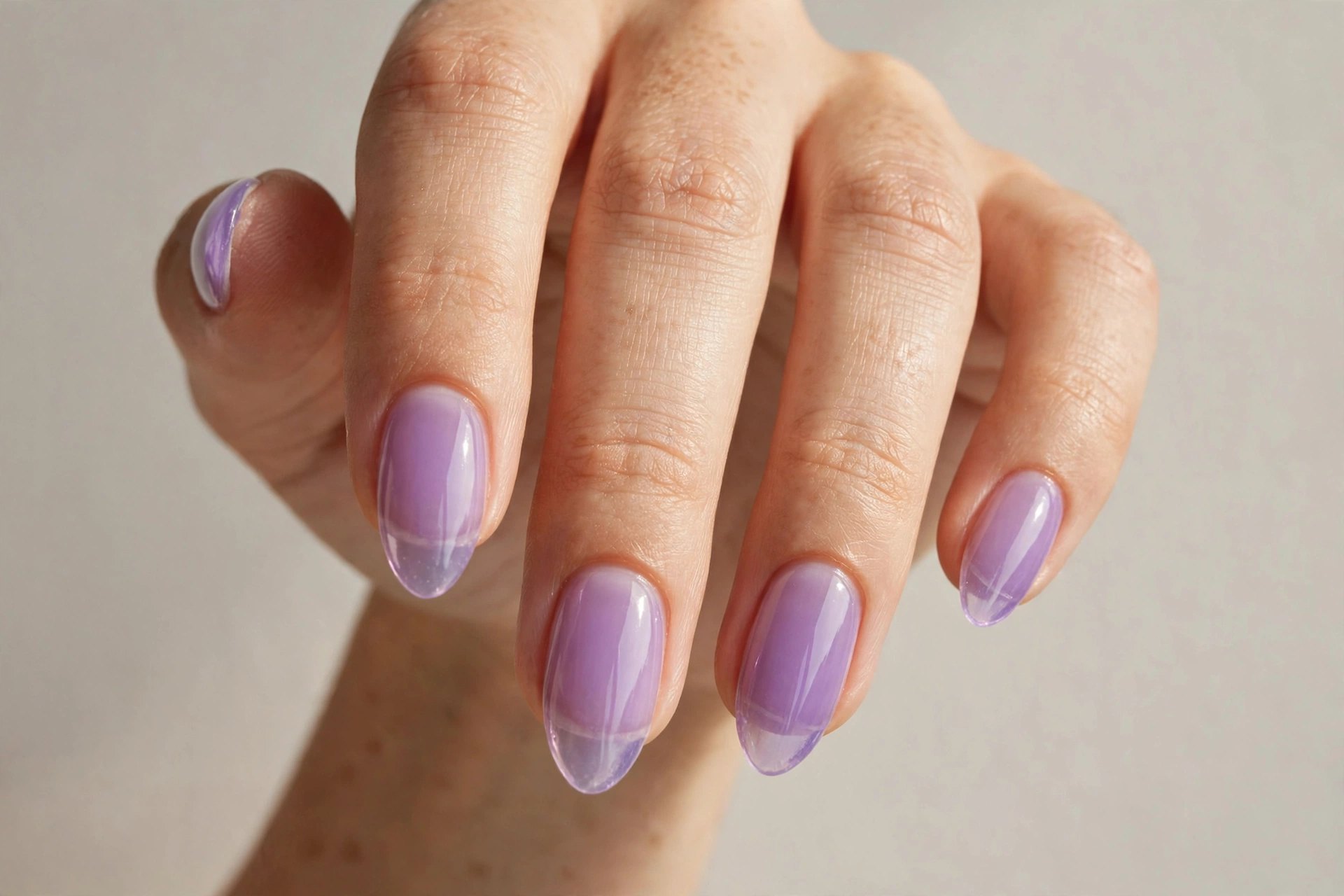 Translucent lavender jelly nails with sheer glass-like purple finish