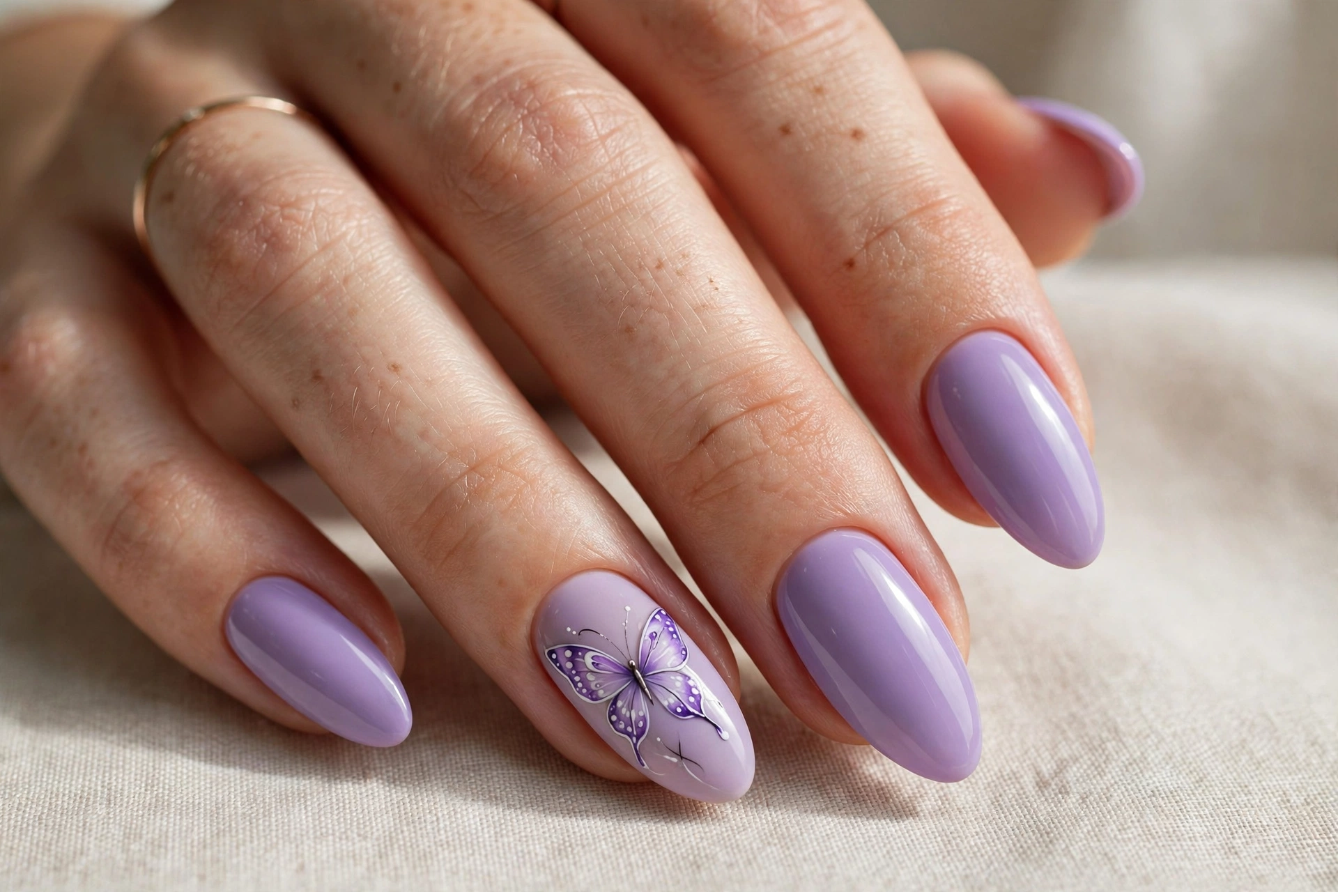 Lavender nails with delicate hand-painted butterfly art on accent nail