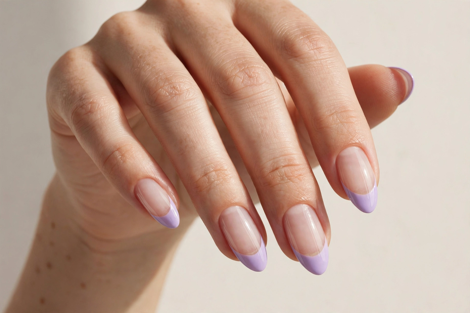 Negative space manicure with soft lavender tips on clear natural nail base