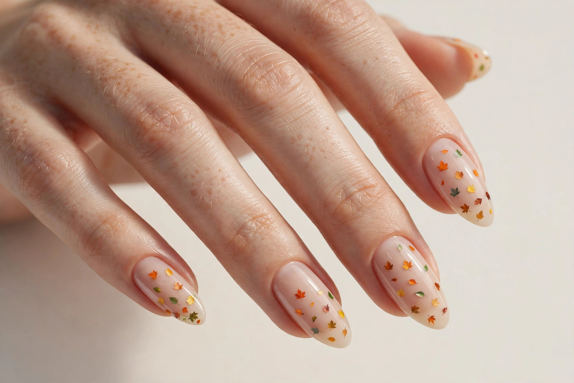 Close-up of a woman's hand with nude manicure with tiny colorful falling leaves nail art on almond shaped nails