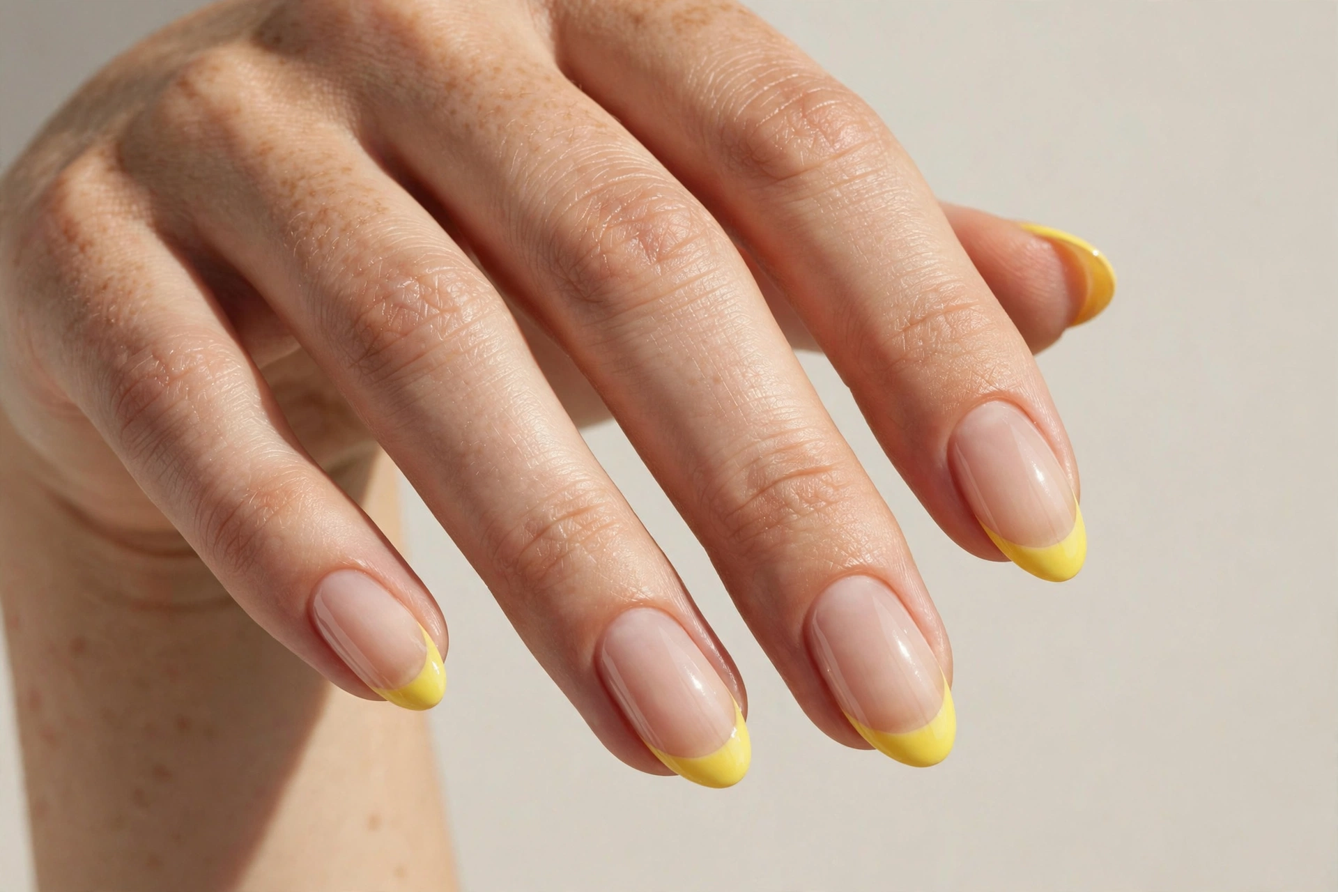 Yellow lemon french tip nails with bright yellow tips on a sheer nude base