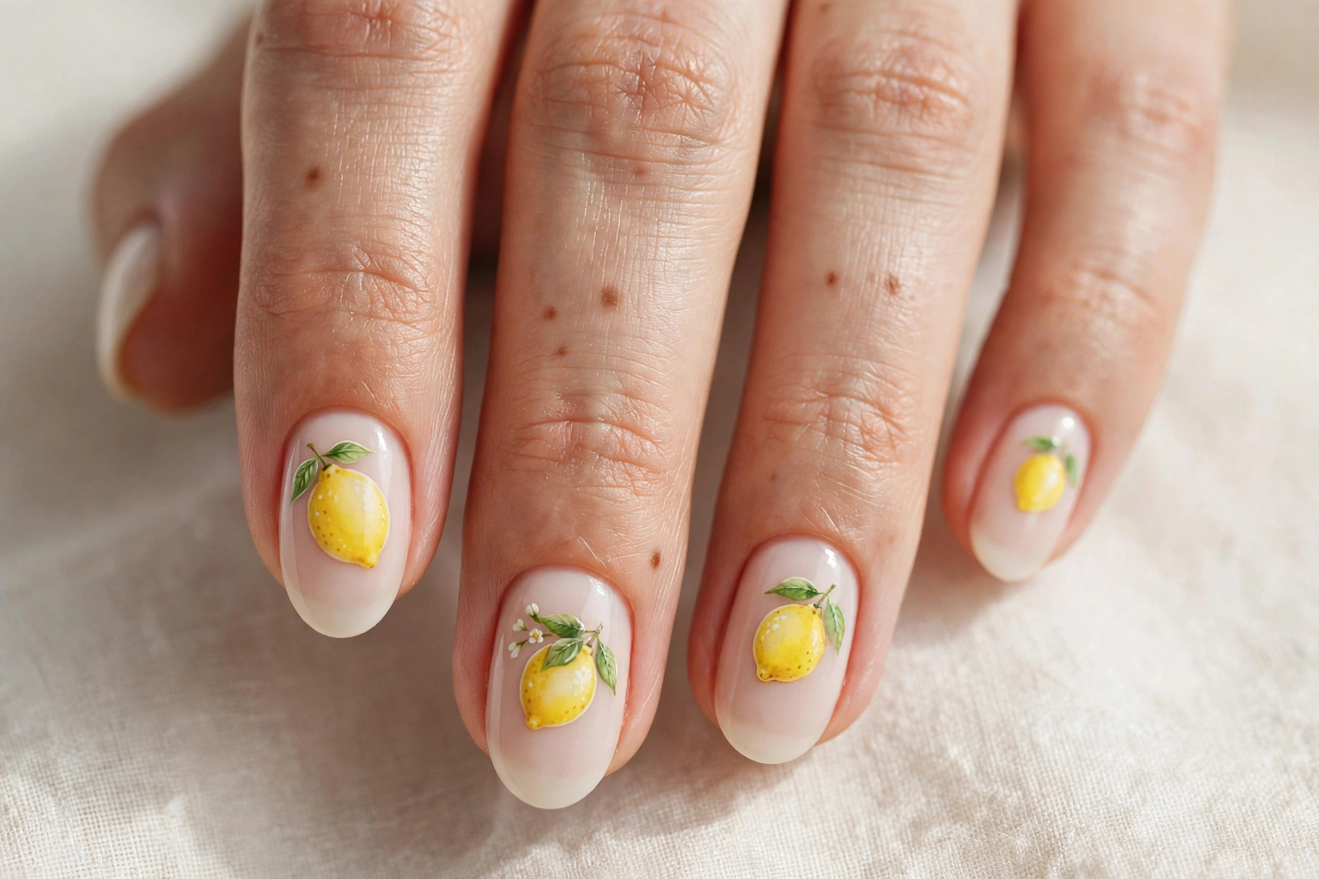 Hand-painted whole lemons with green leaves on a milky nude nail base