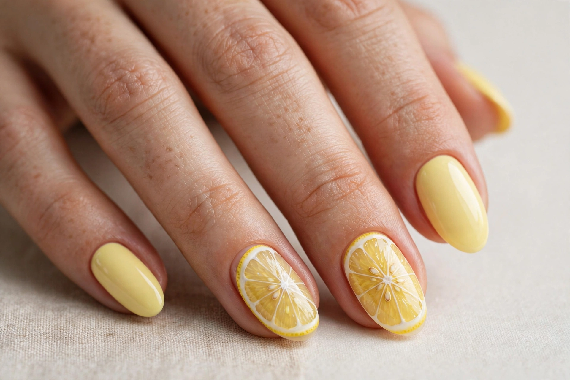 Realistic lemon slice nail art on accent nails with pastel yellow polish