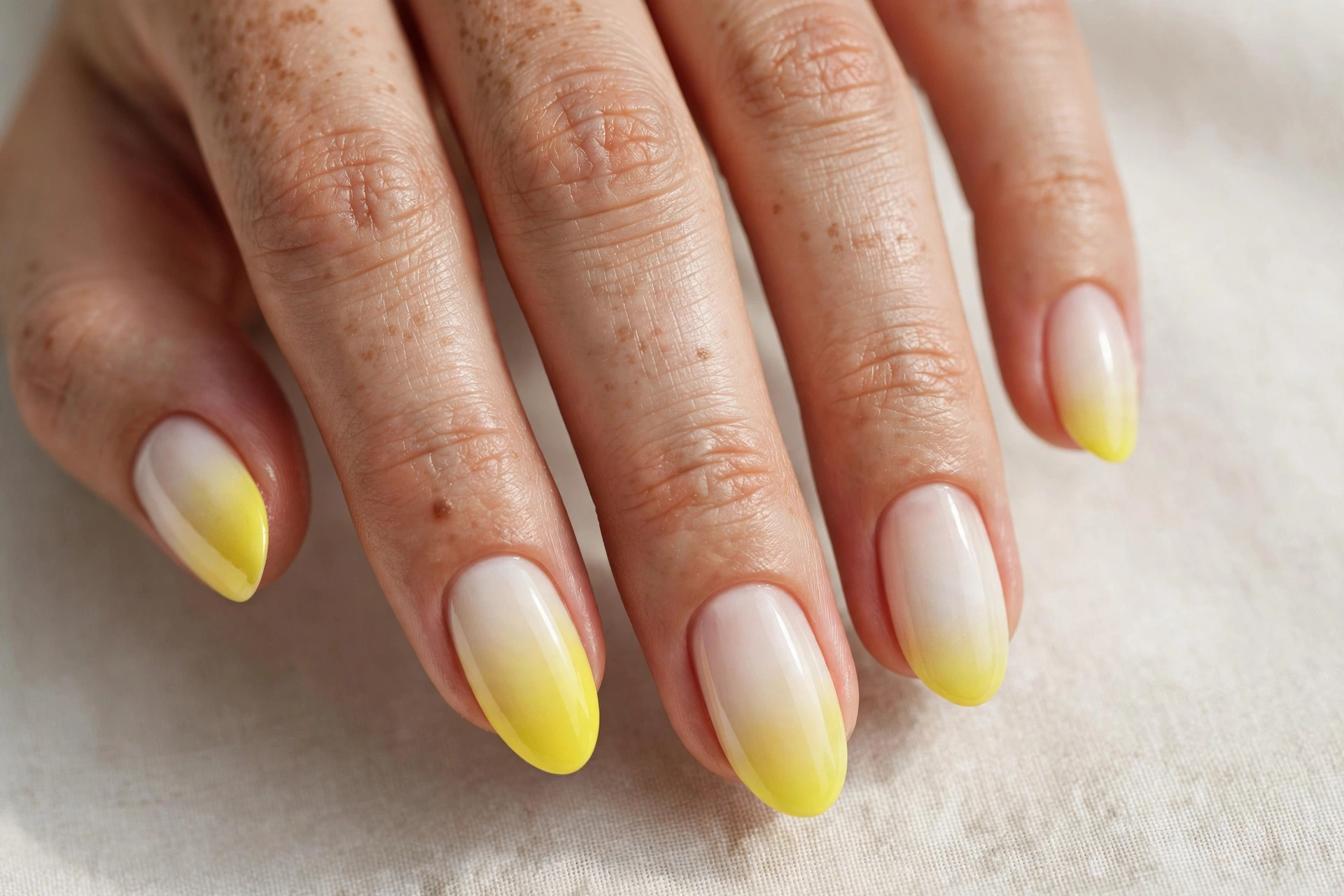 Lemonade ombre nails fading from lemon yellow tips to milky white cuticles