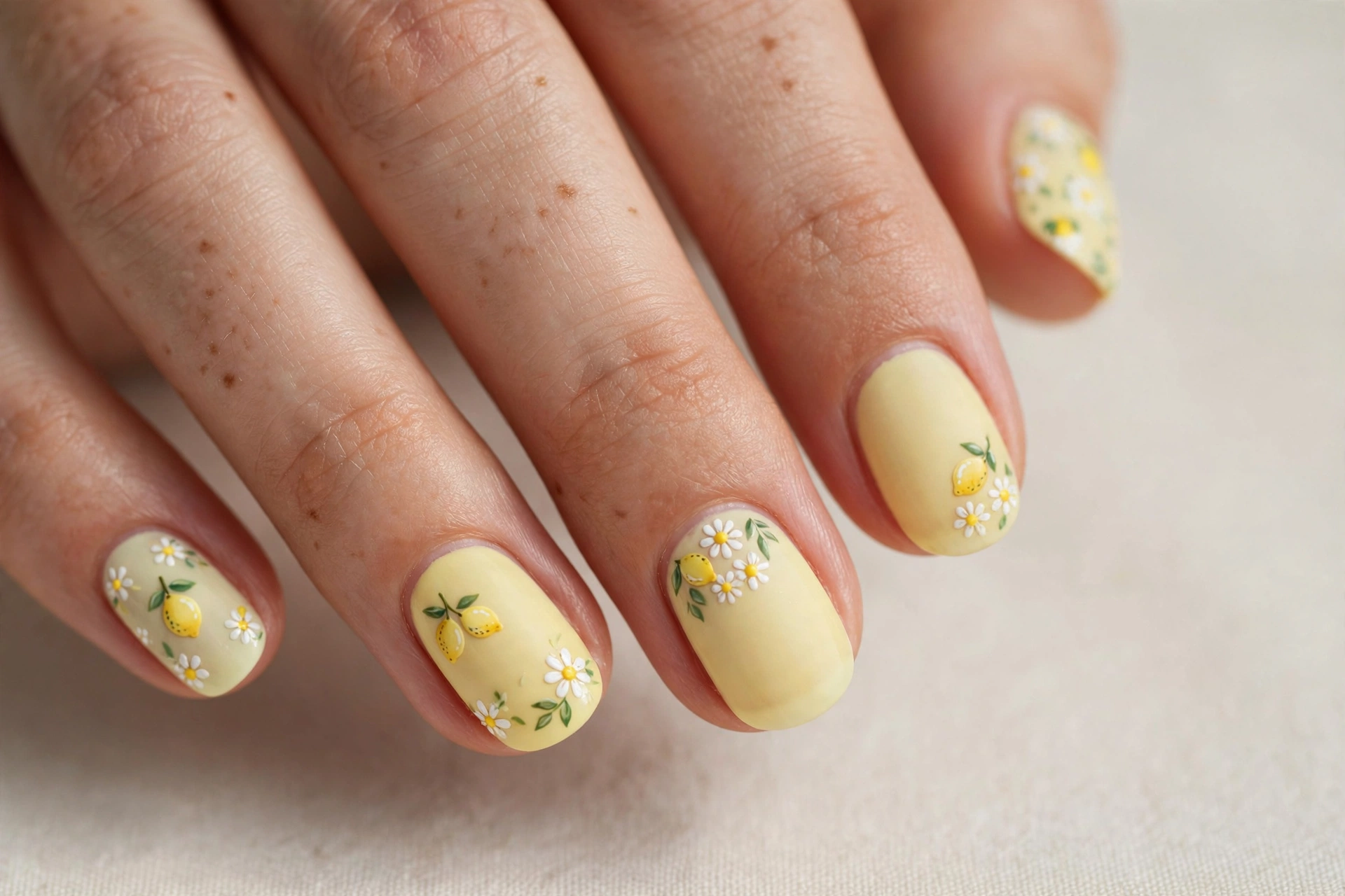 Tiny yellow lemons mixed with white daisies on a pale yellow nail base