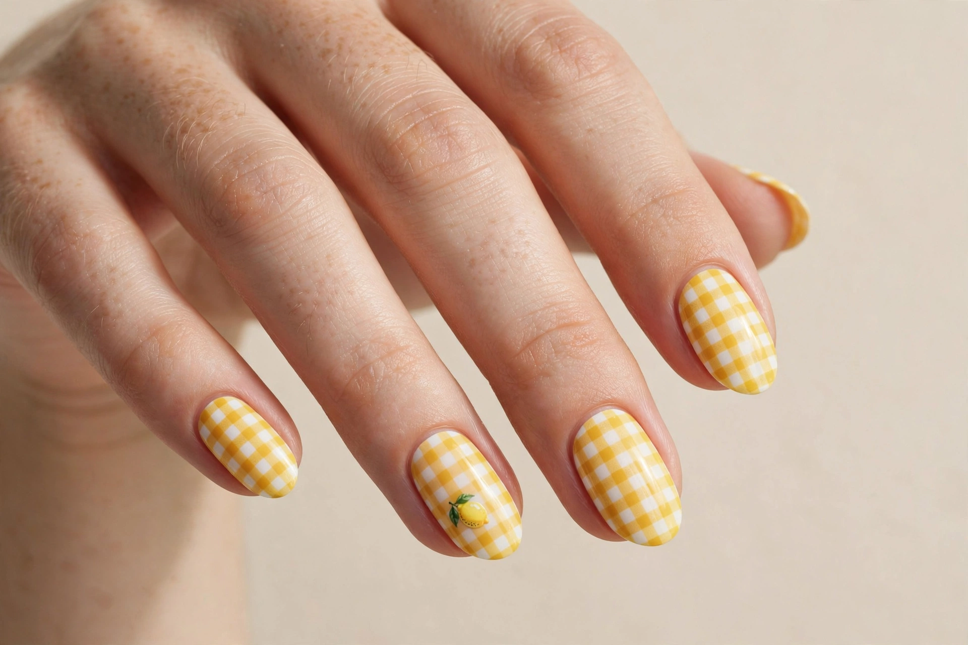 Yellow and white gingham check nails with a tiny lemon accent