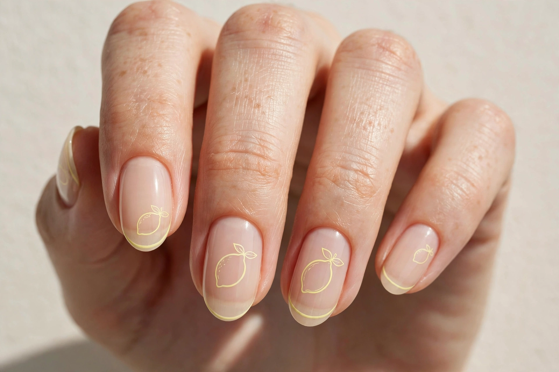 Delicate pastel yellow lemon outlines on sheer nude nails, minimalist style