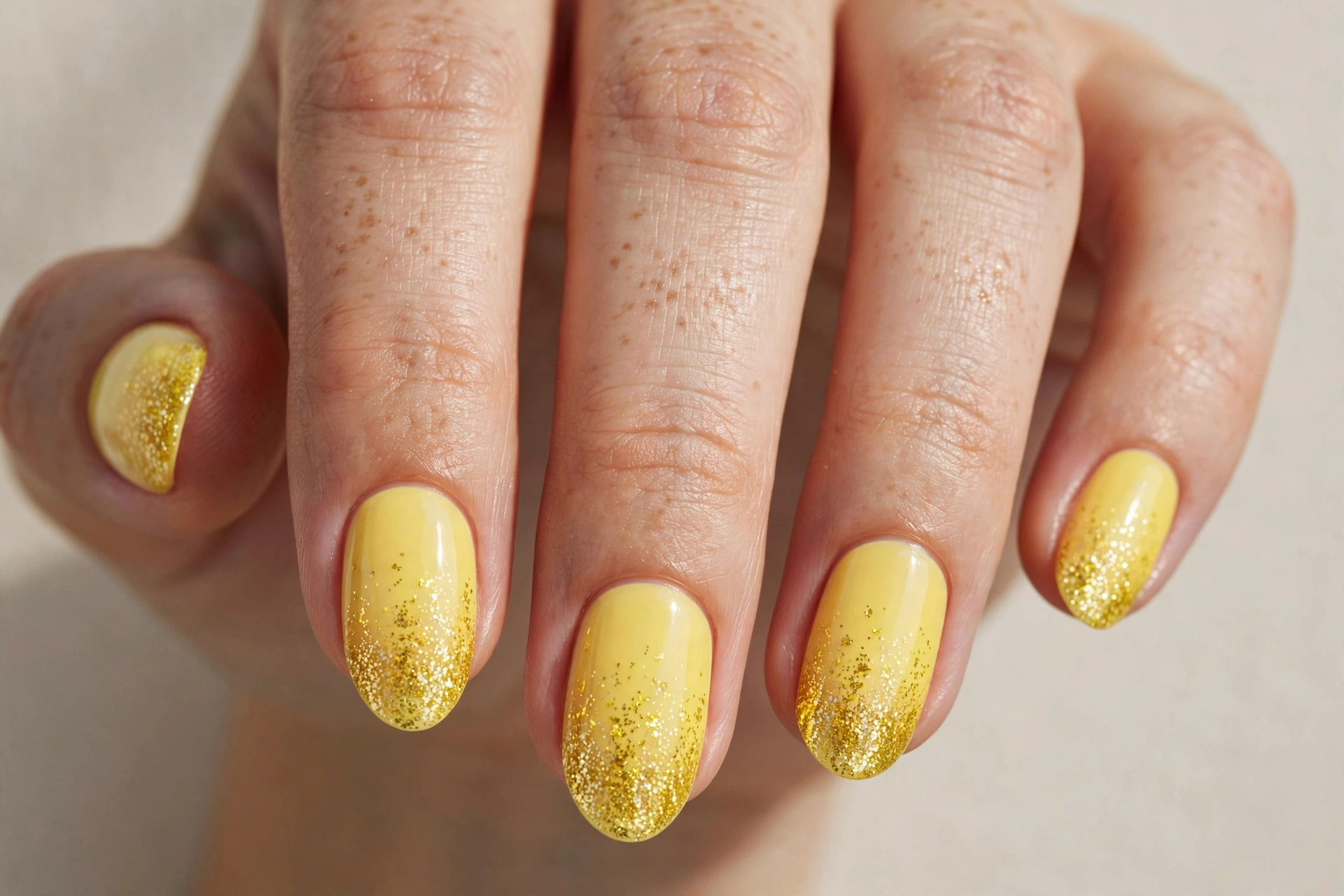 Sunny yellow nails with fine gold glitter concentrated at the tips like lemon zest