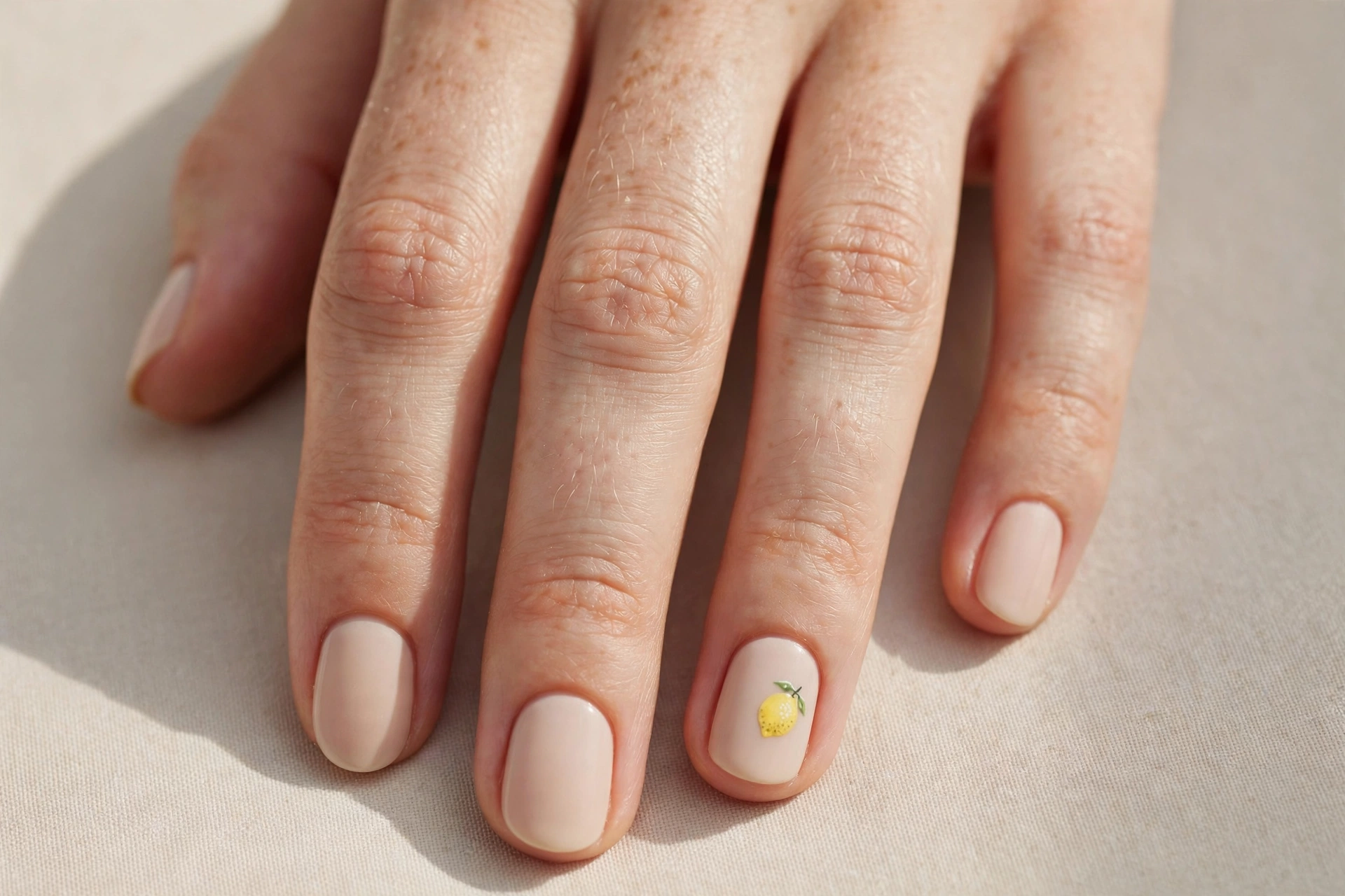 Soft nude nails with a single tiny hand-painted lemon on each ring finger