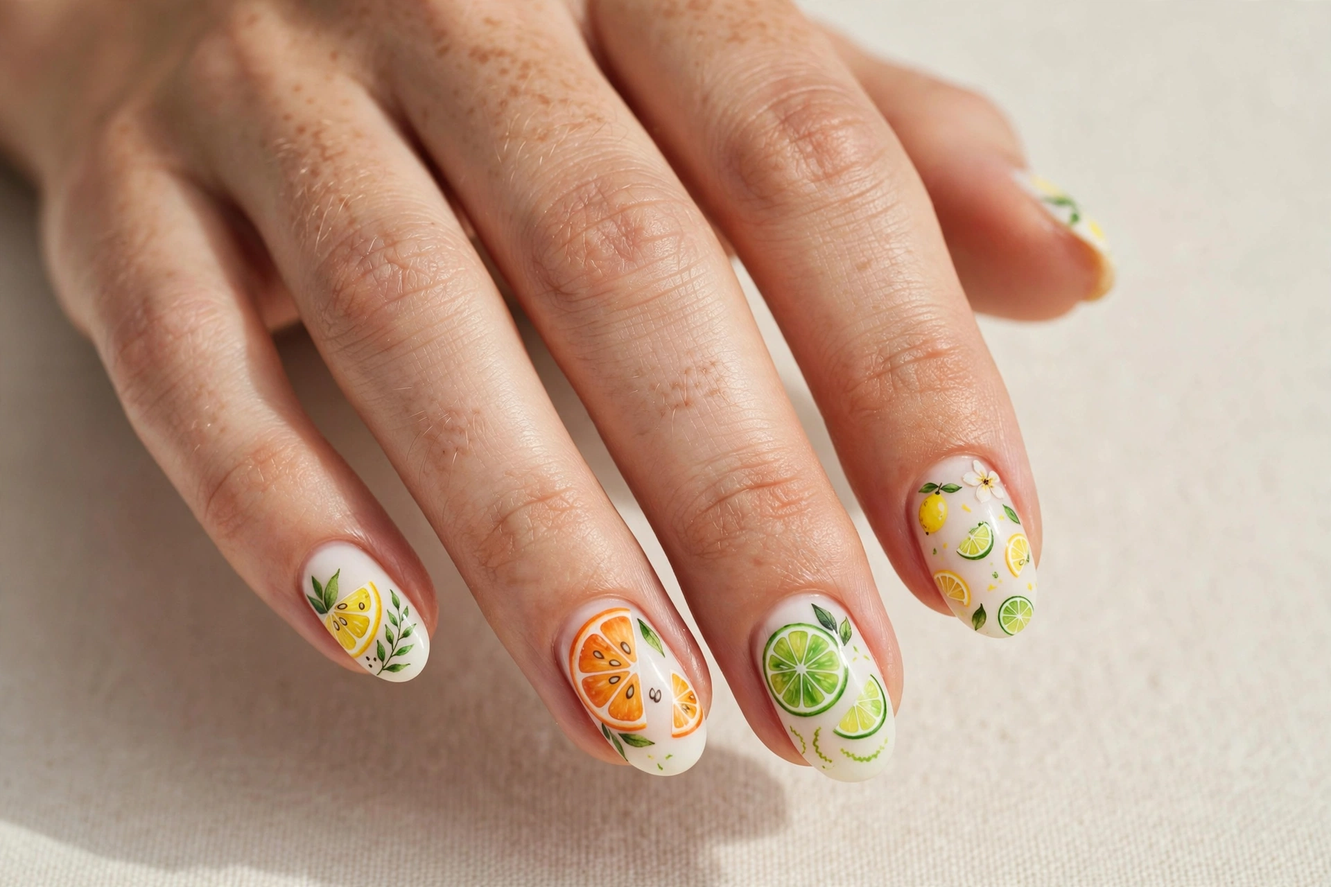 Mixed citrus nail art with lemons, oranges and limes on a fresh white base