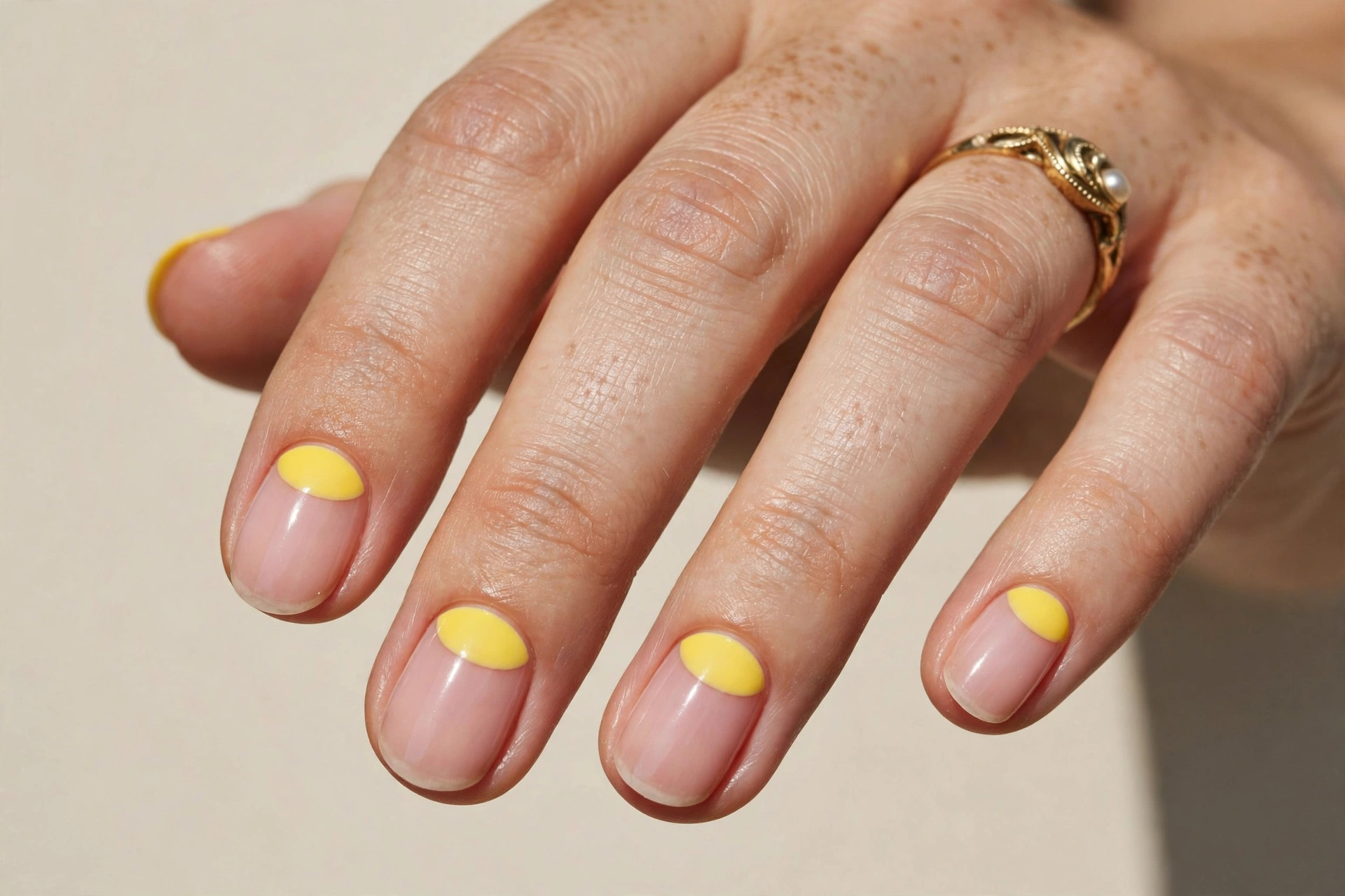 Bright yellow half-moon nail art at the cuticles over a sheer pink base