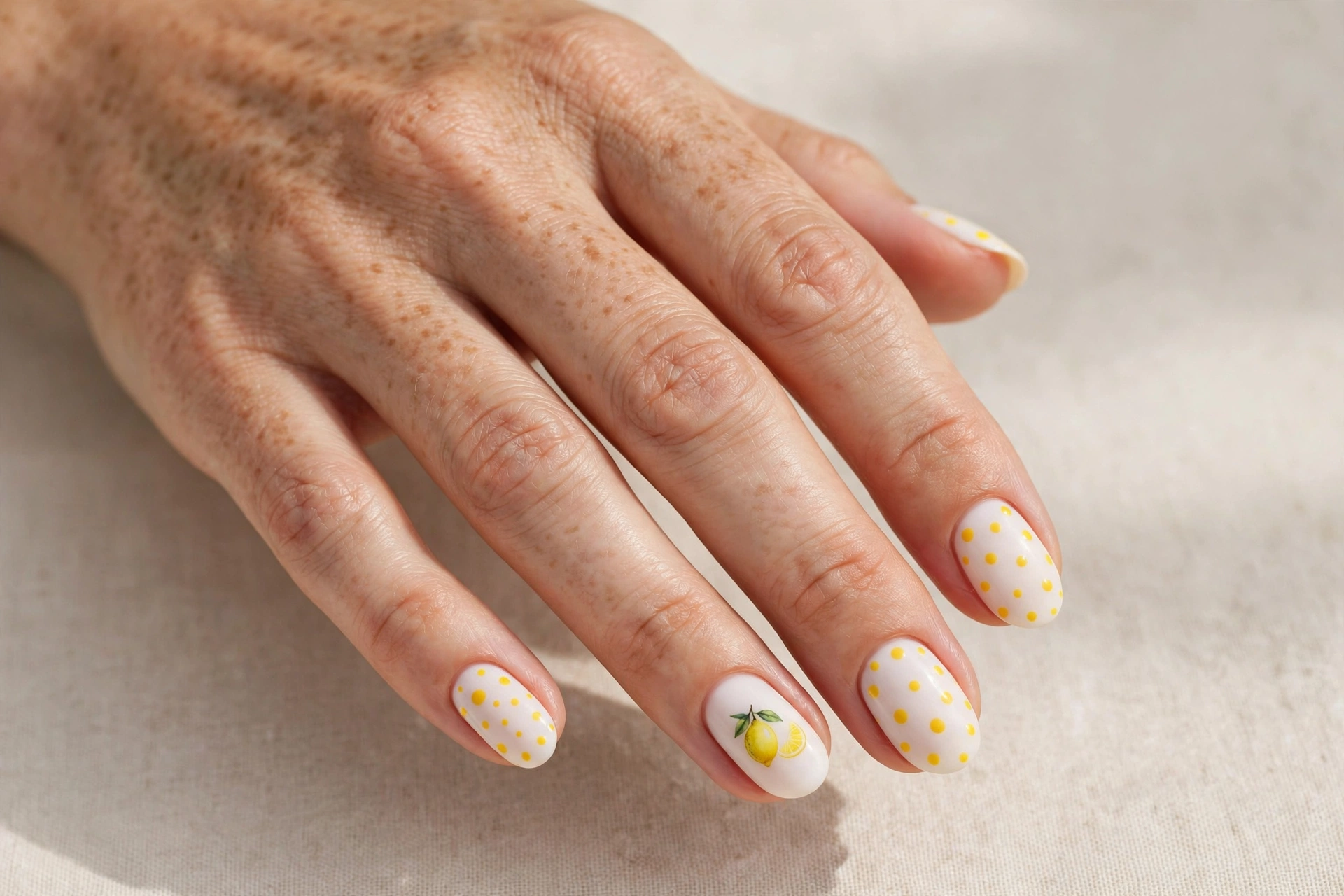 Cheerful yellow polka dots on white nails with a tiny lemon accent nail