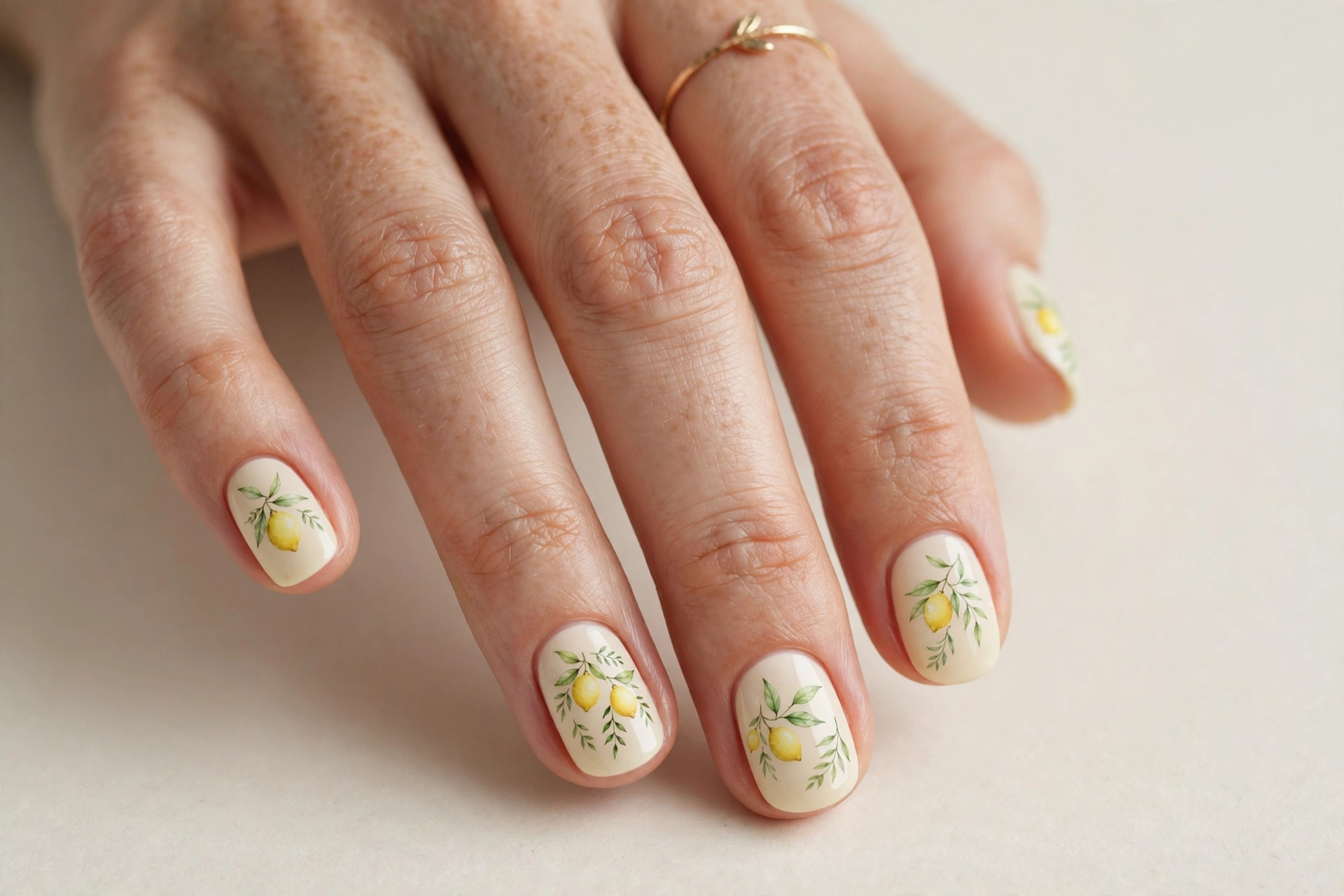 Small yellow lemons with delicate green leaves on a soft cream nail base