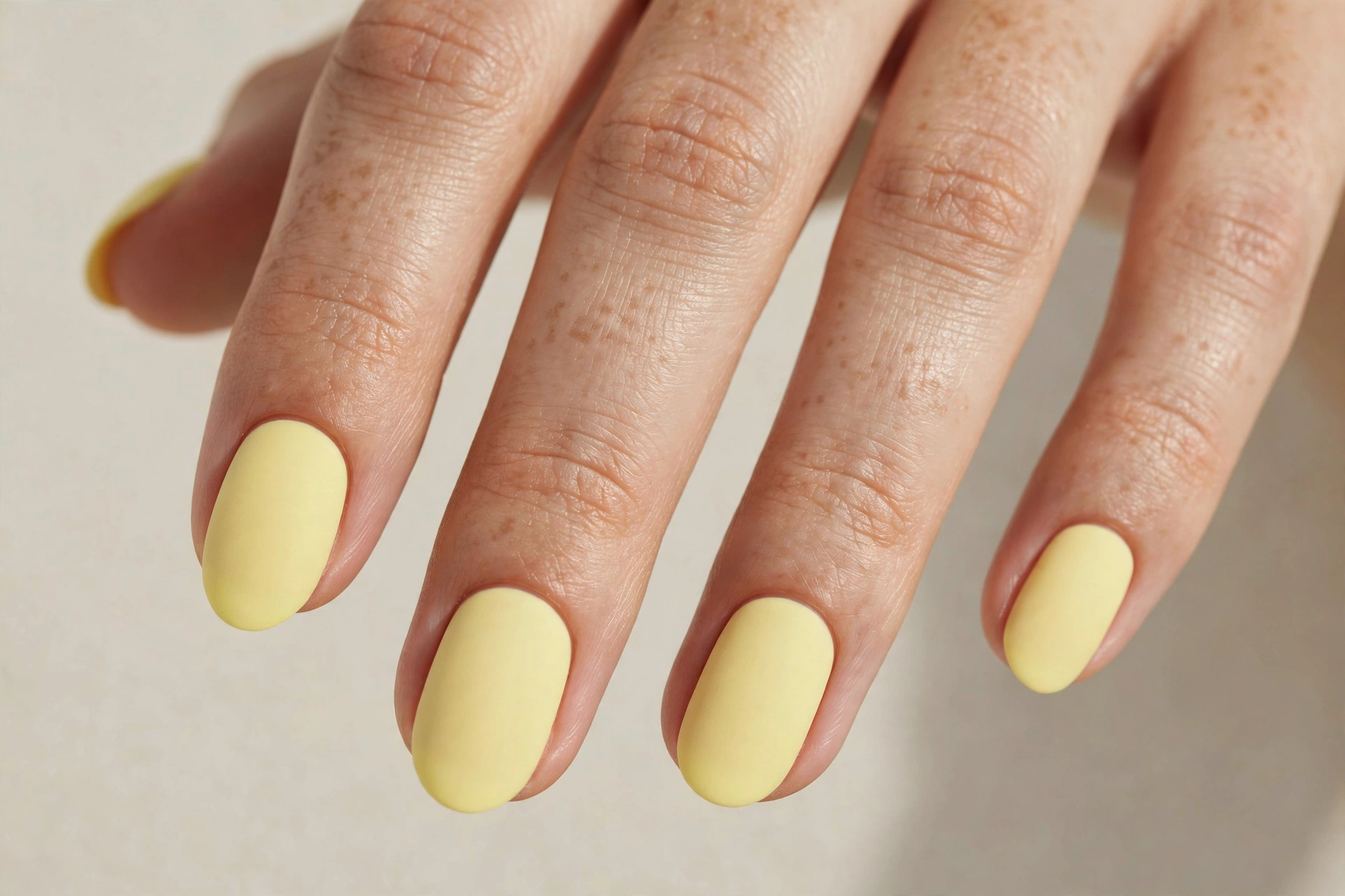 Matte pastel yellow sorbet nails with a soft velvety finish