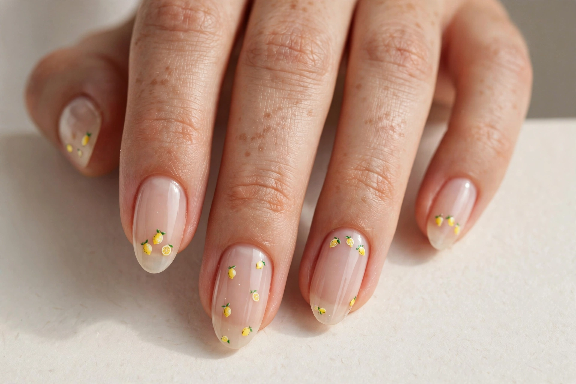 Miniature detailed lemons painted tiny on sheer nude nails