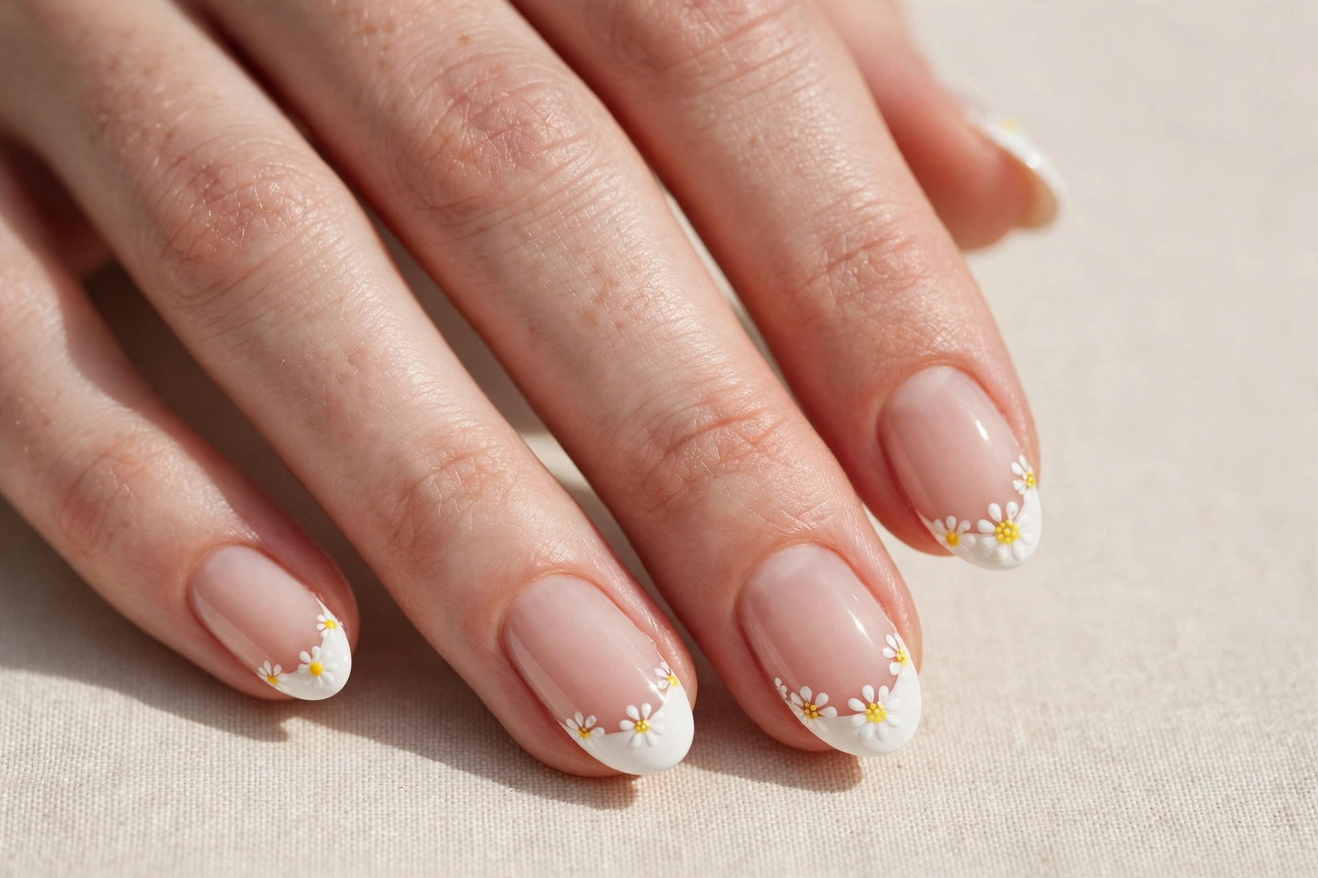 White french tips with tiny yellow lemon centers like daisies