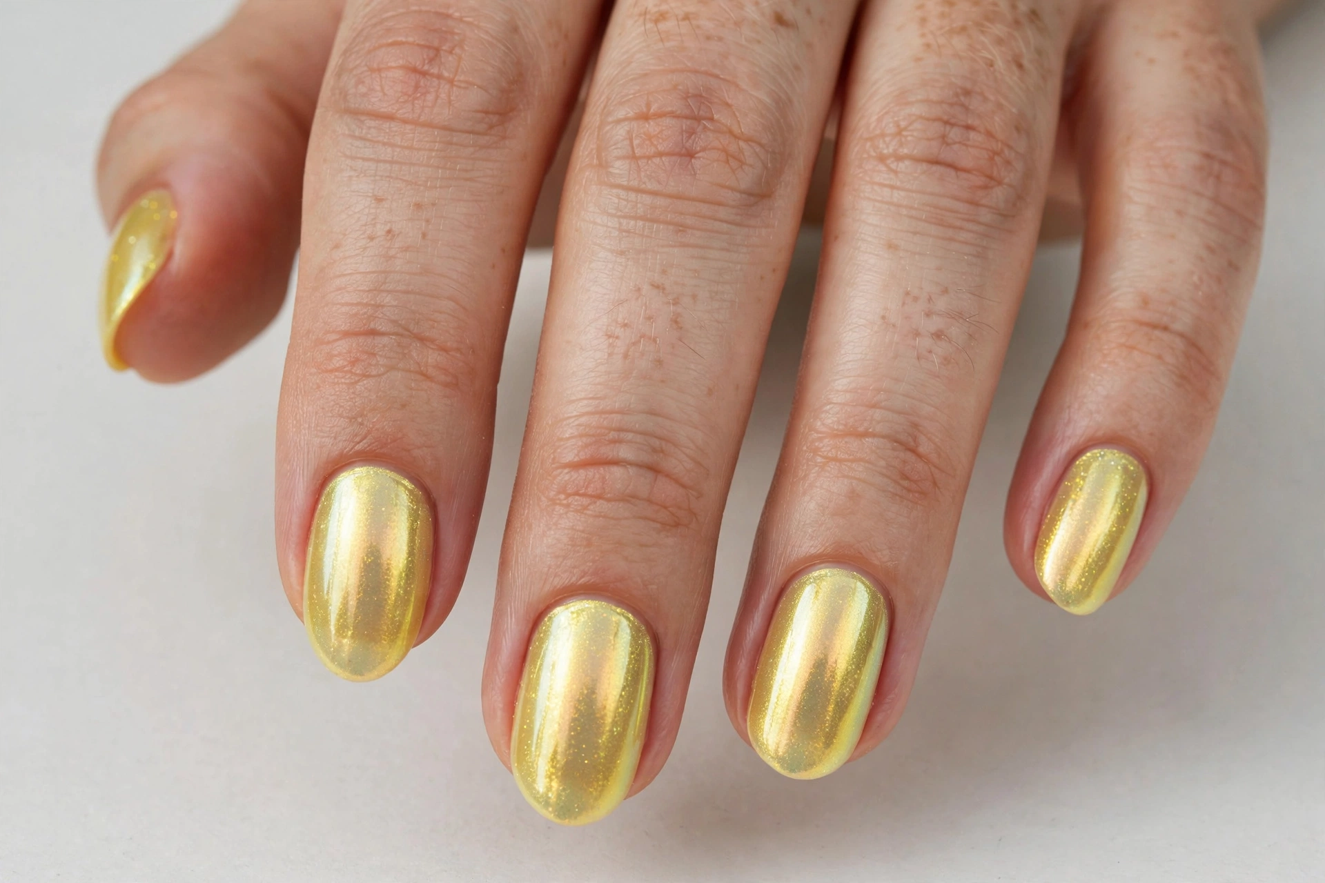 Pearly yellow chrome nails with a luminous glazed finish