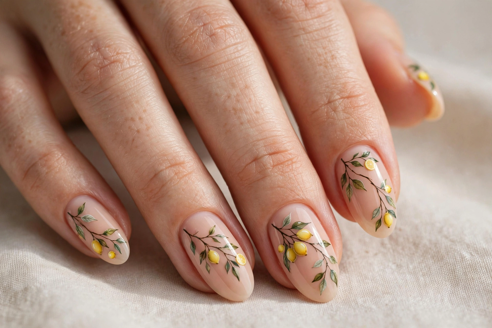 Elegant lemon branches with yellow lemons trailing across nude nails