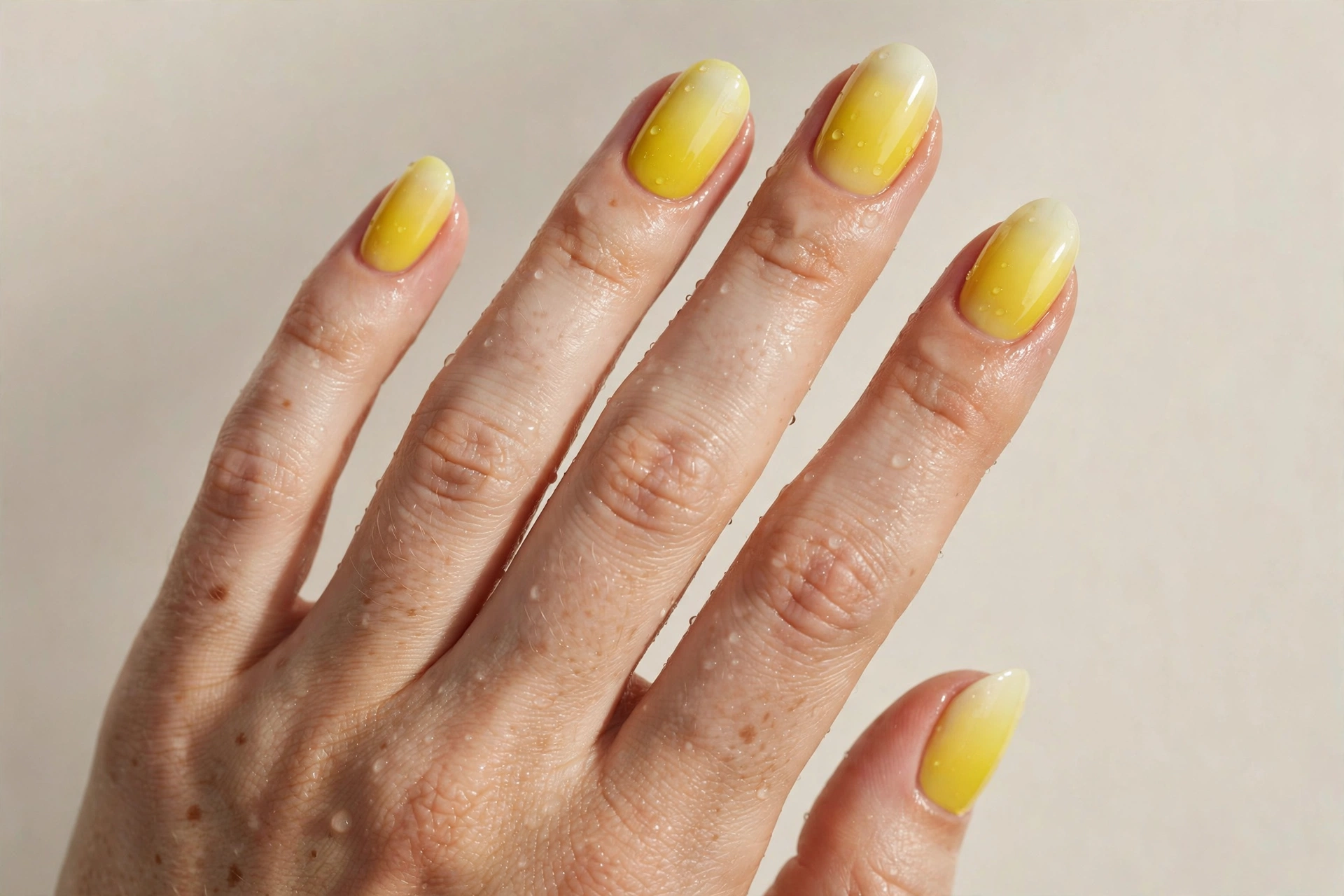 High-shine gradient nails from deep lemon yellow to pale citrus