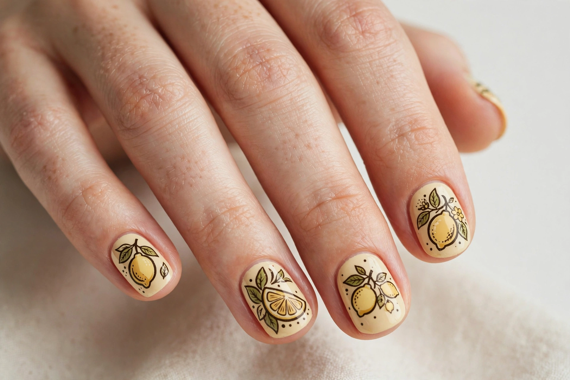 Vintage-style lemon illustrations with bold outlines on warm cream nails