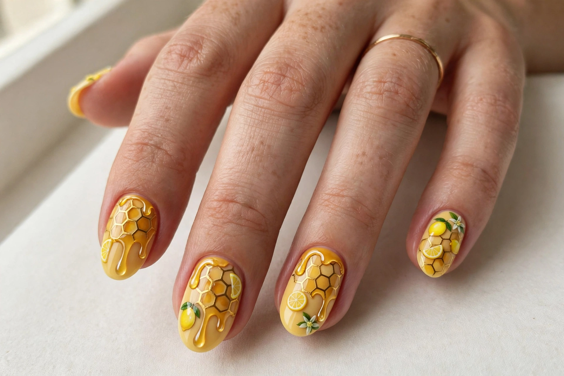 Golden honeycomb pattern with tiny lemons and honey drips on yellow nails