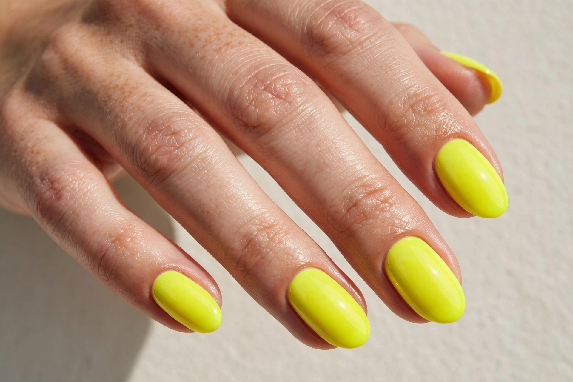 Vivid electric yellow neon nails with a juicy high-gloss finish