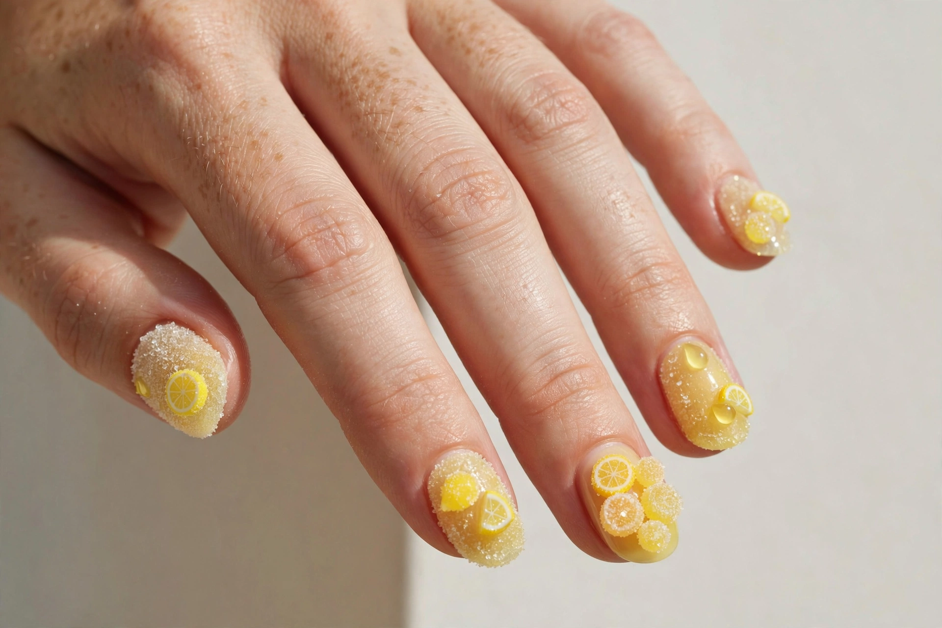 Translucent candy-yellow nails with sugared texture and lemon candy details